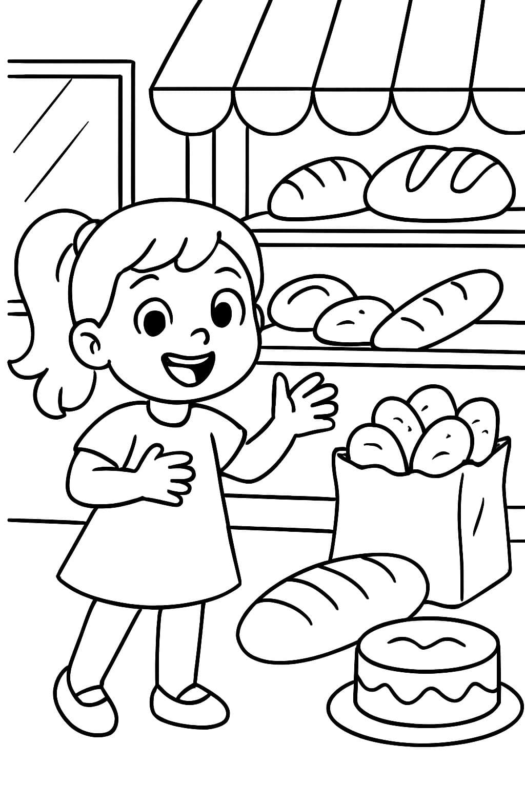 ein Mädchen, das in einer Bäckerei steht, vor Brötchentüte, Brot und Kuchen