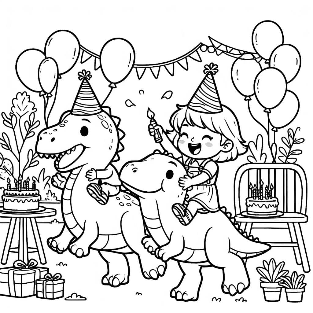 Una niña pequeña y un niño pequeño montando en dinosaurios celebrando su cumpleaños.