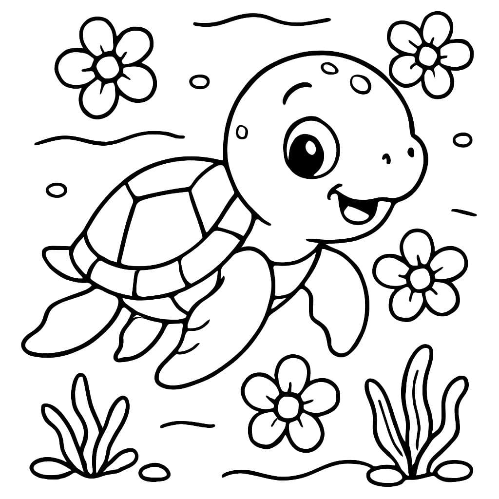 bebé tortuga marina nadando con flores en el agua