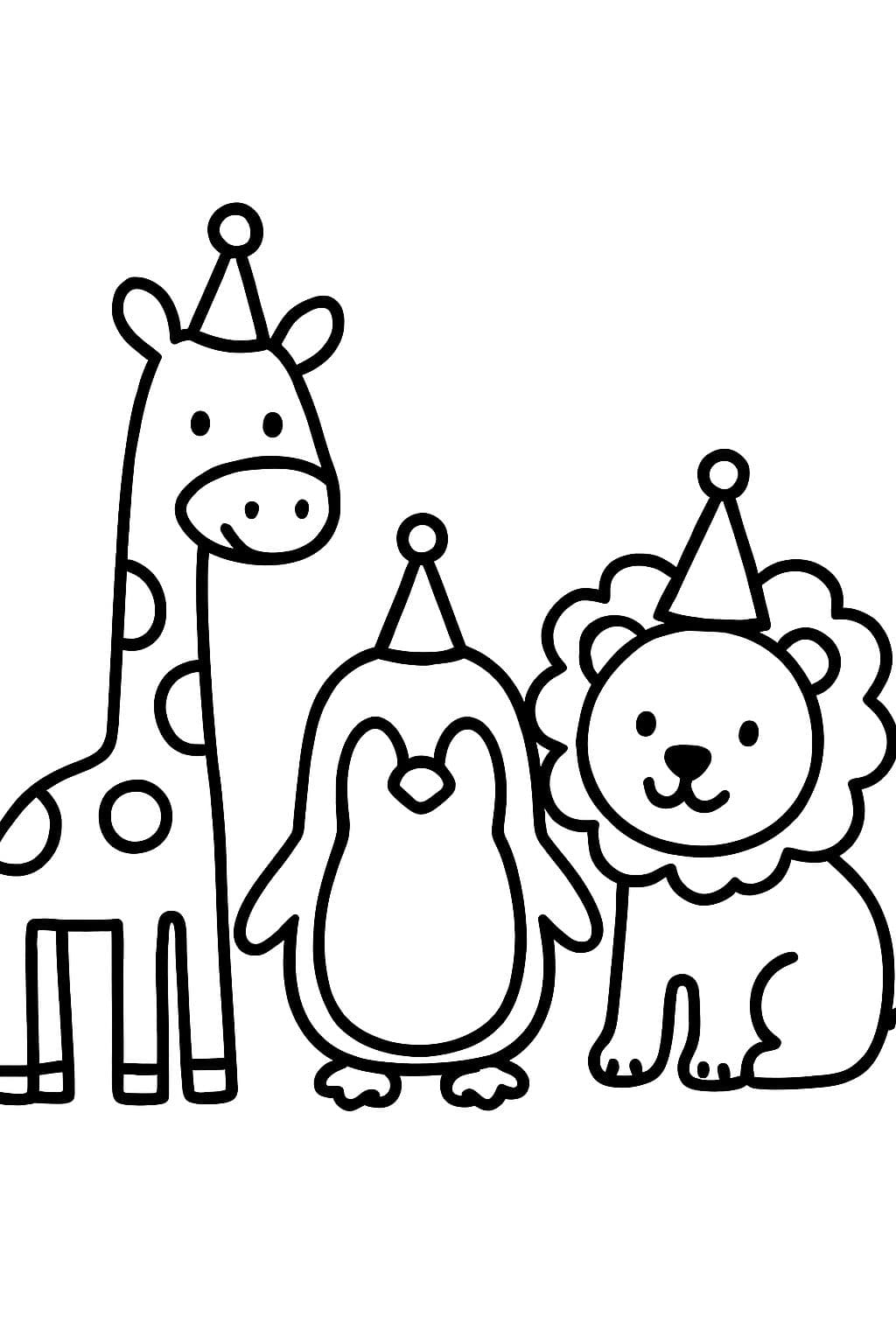 Une girafe, un pingouin et un lion portant des chapeaux d'anniversaire à une fête.