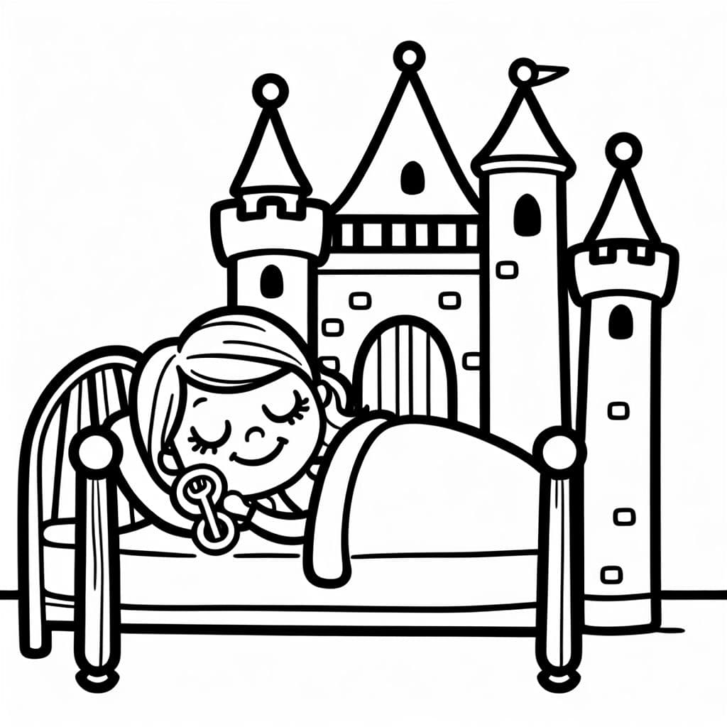 Un château avec une fille allongée dans le lit avec les yeux ouverts