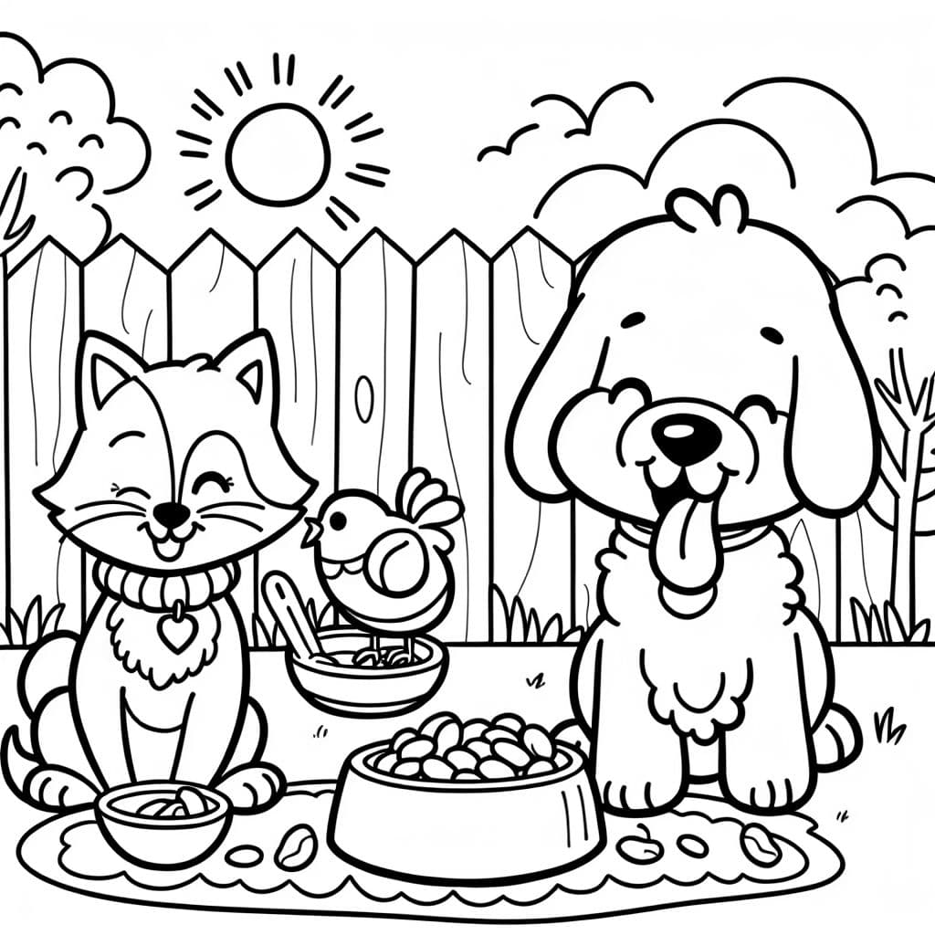 einen Hund, eine Katze und einen Vogel beim Frühstück