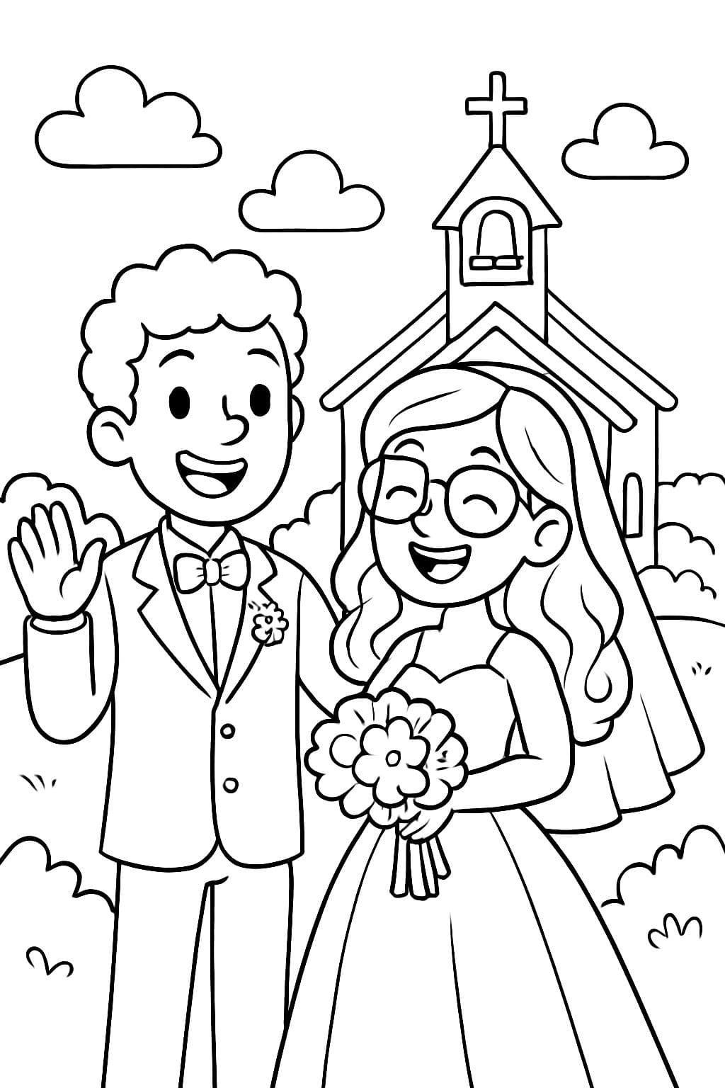 A man (with squiggly hair) and a woman (with glasses and long curled hair) getting married in front of a chapel.