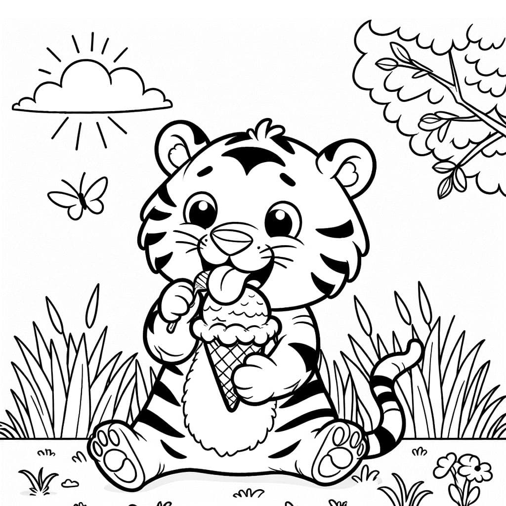 un tigre comiendo hielo y sentado en la hierba