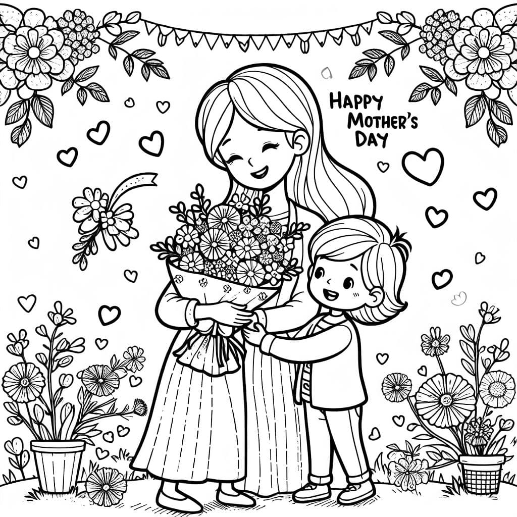 Mère avec enfant avec des fleurs et des cœurs un bouquet fête des mères