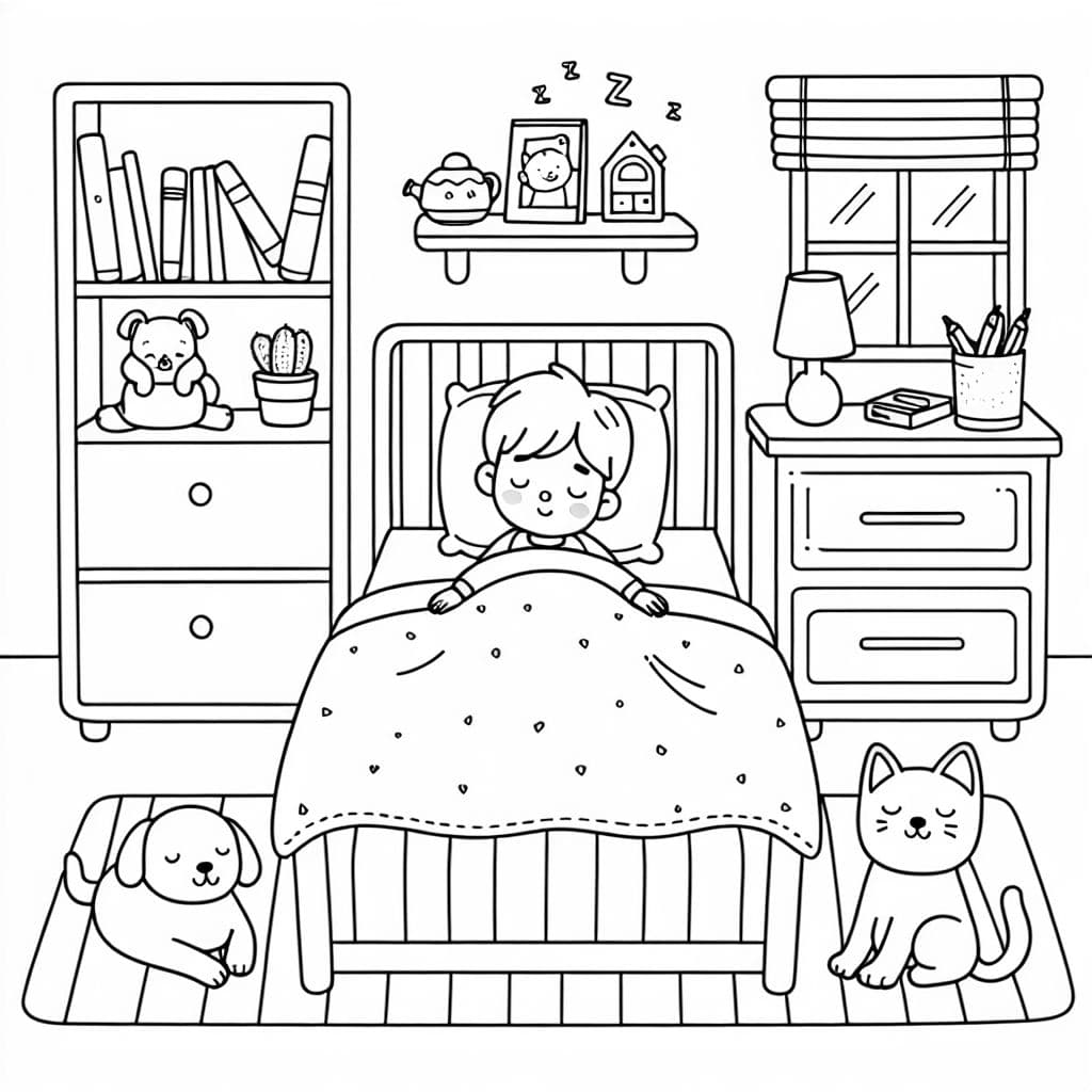 a kid sleeping in their room with their dog and cat sleeping too