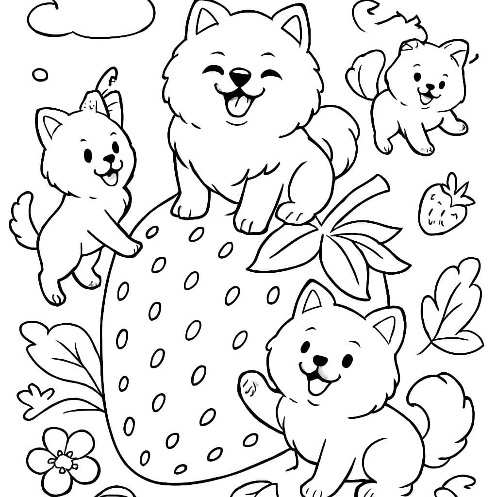 Un grupo de perros pomerania sobre una fresa.