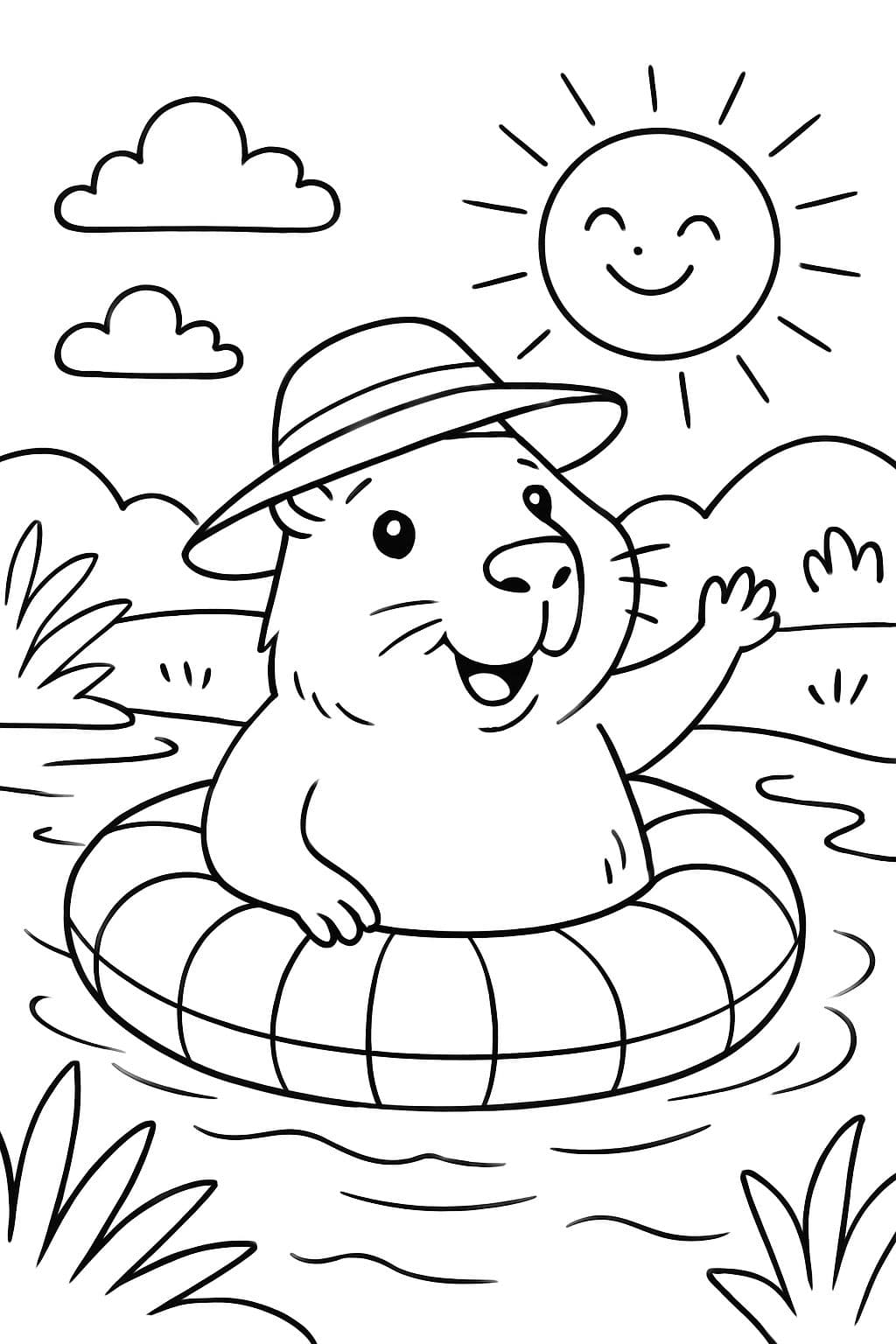 Un capybara avec un chapeau de soleil flottant sur une rivière dans une bouée de piscine rayée.