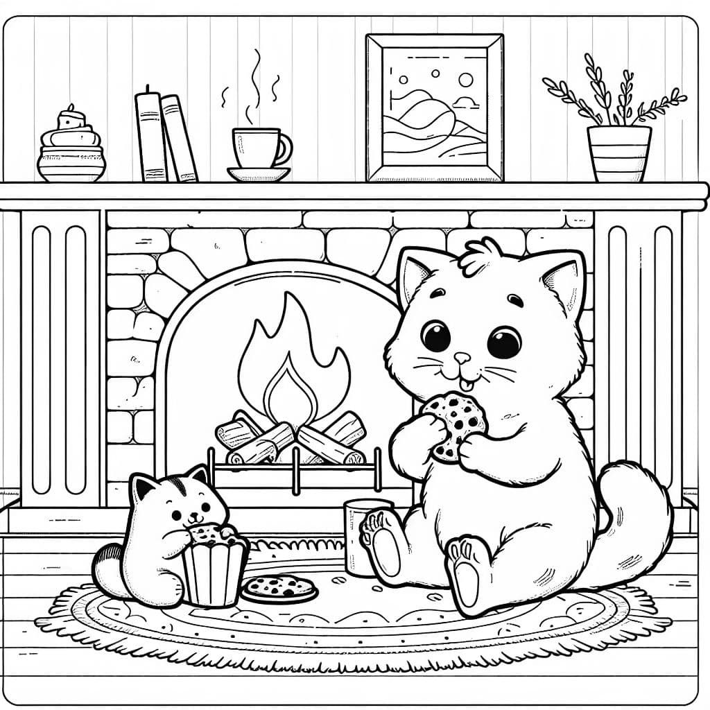 Un gato sentado junto a una chimenea comiendo una galleta.