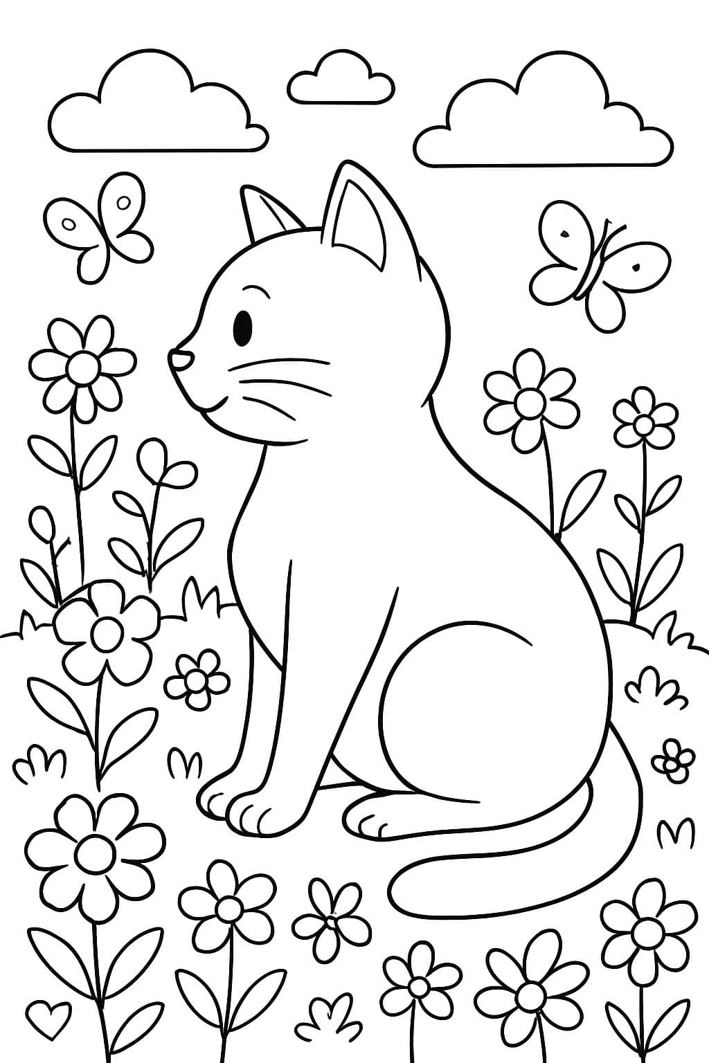 un chat enceinte qui regarde vers la gauche sur une prairie colorée avec beaucoup de fleurs et de papillons