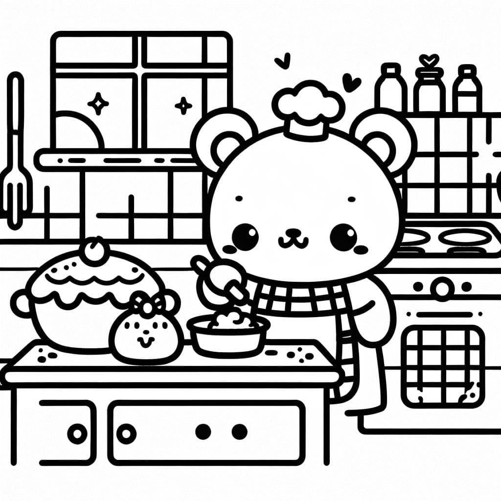 a kawaii bear cooking a pie in a cute kitchen