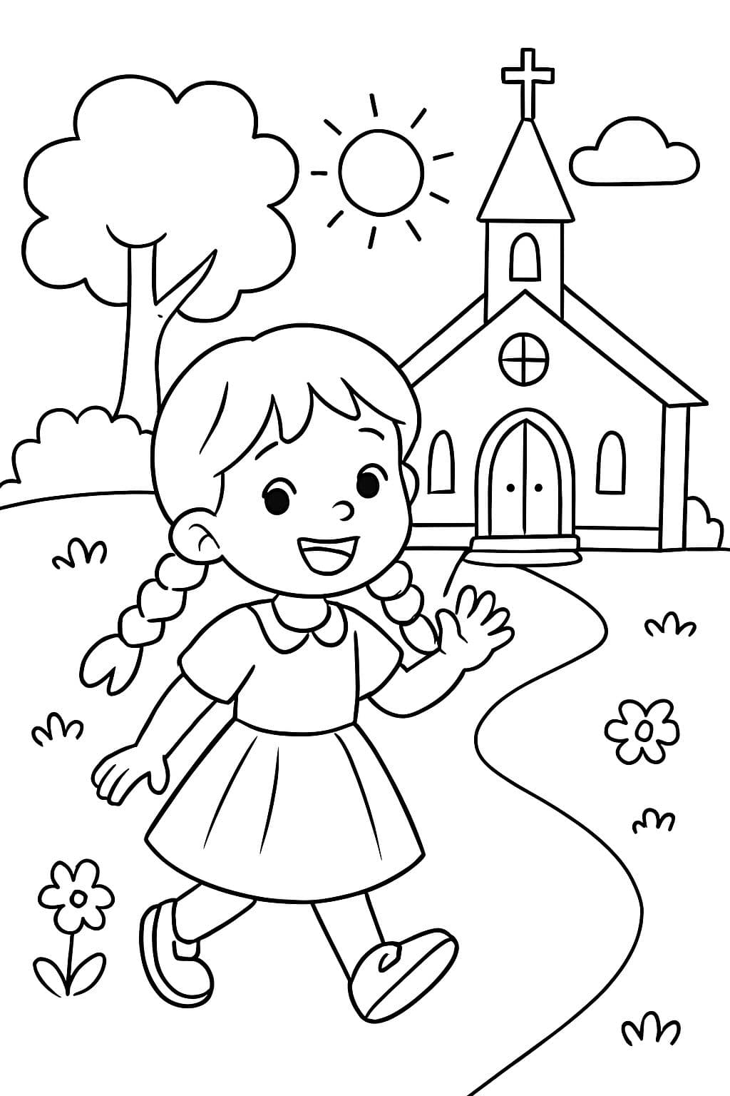 Fille de 3 ans en robe et avec des tresses allant à l'église.