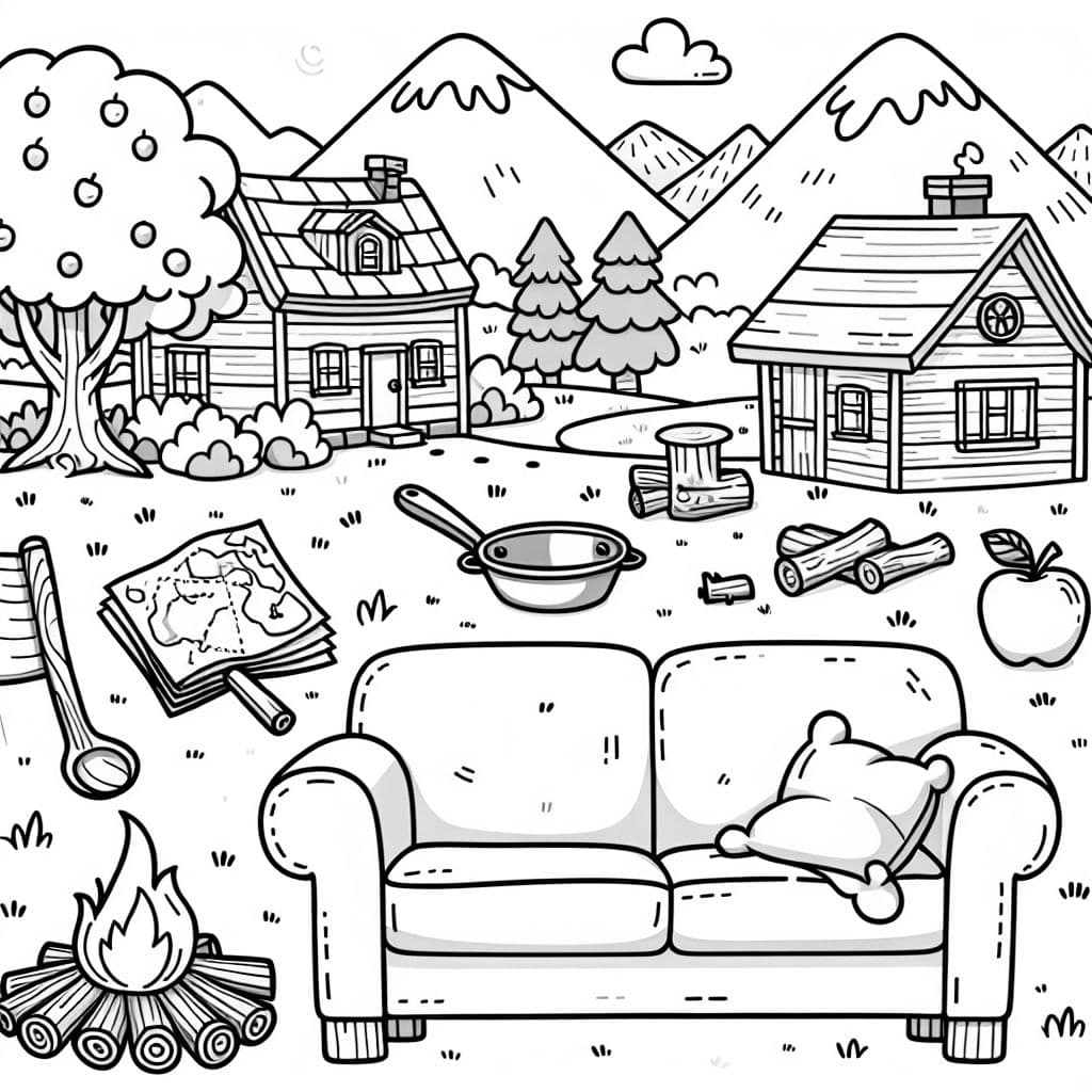 Schatzkarte Insel Berg Sofa Apfelbaum Holzlager Pfanne Hütte