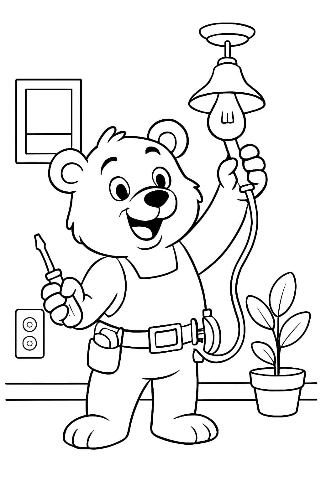 un oso como electricista conectando una lámpara