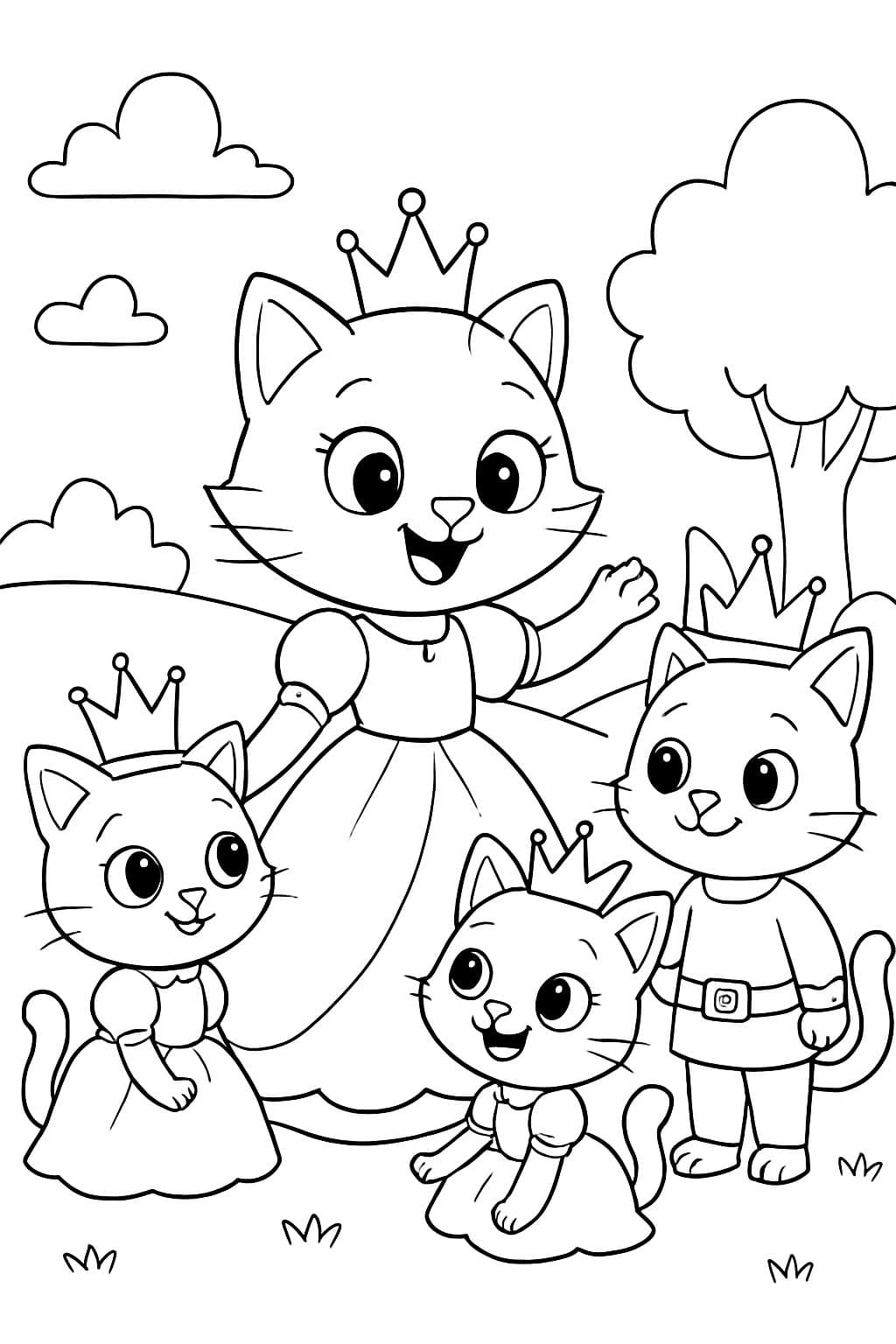 Princesa gata com duas princesas gatinhas, todas vestindo vestidos e um príncipe gato que tem o mesmo tamanho que a princesa gata.