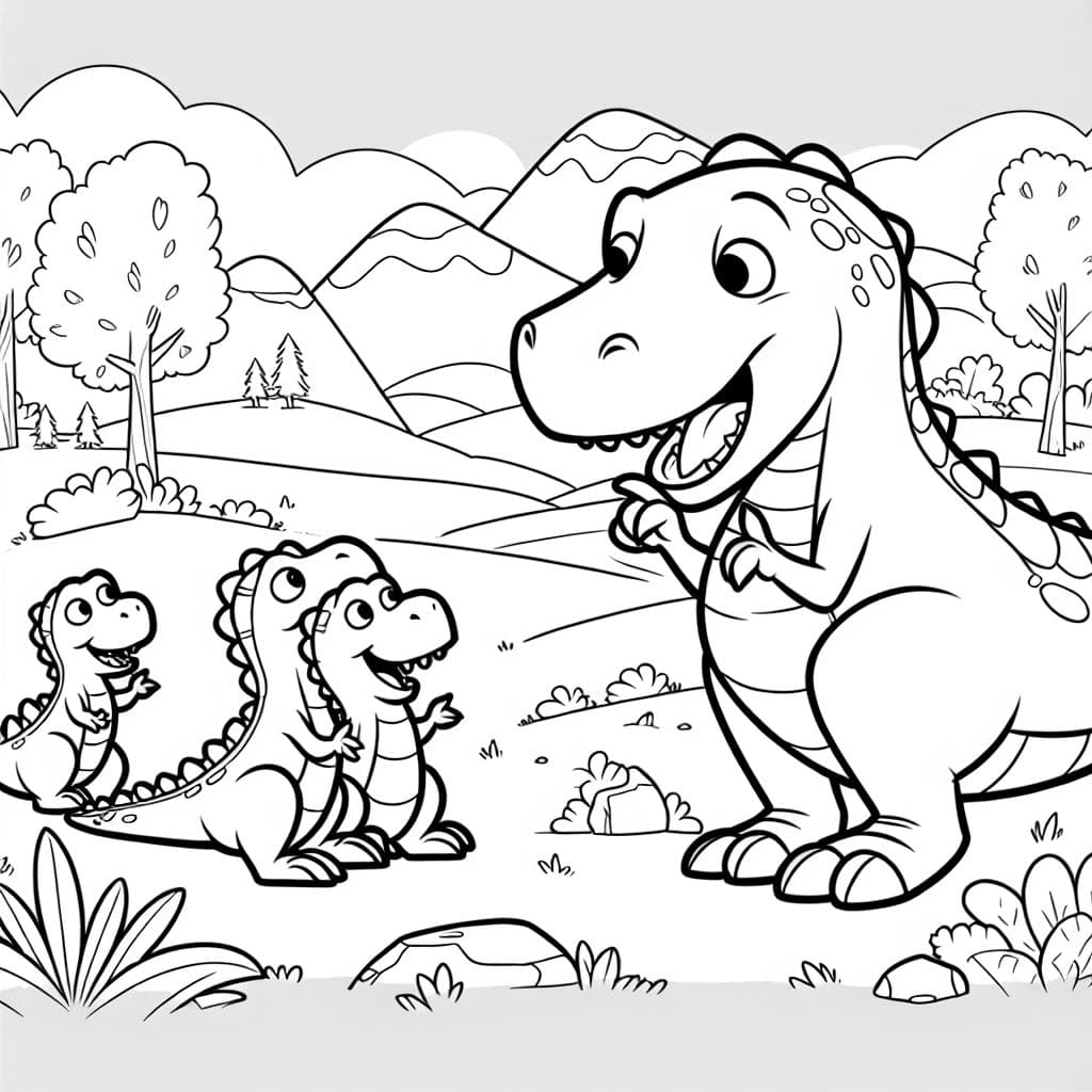 einen Dinosaurier, der den anderen Dinosauriern einen witzigen Witz erzählt