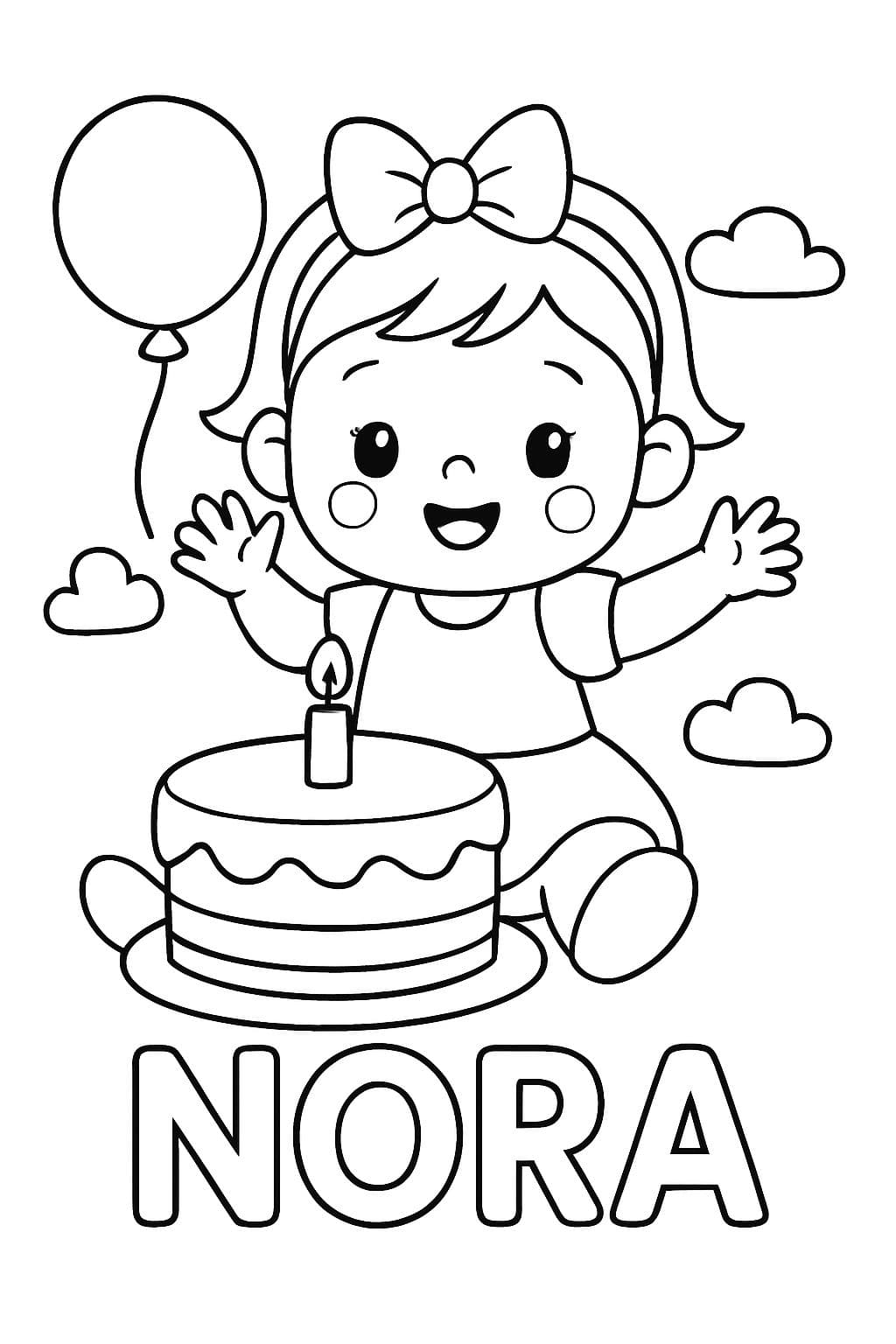 A baby girl that is wearing a hair bow and is celebrating her first birthday. It has Nora in big letters at the bottom.