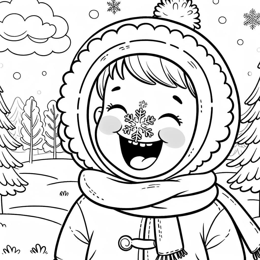 ein lachendes Kind mit Schneeflocke auf der Nase im Winterwald