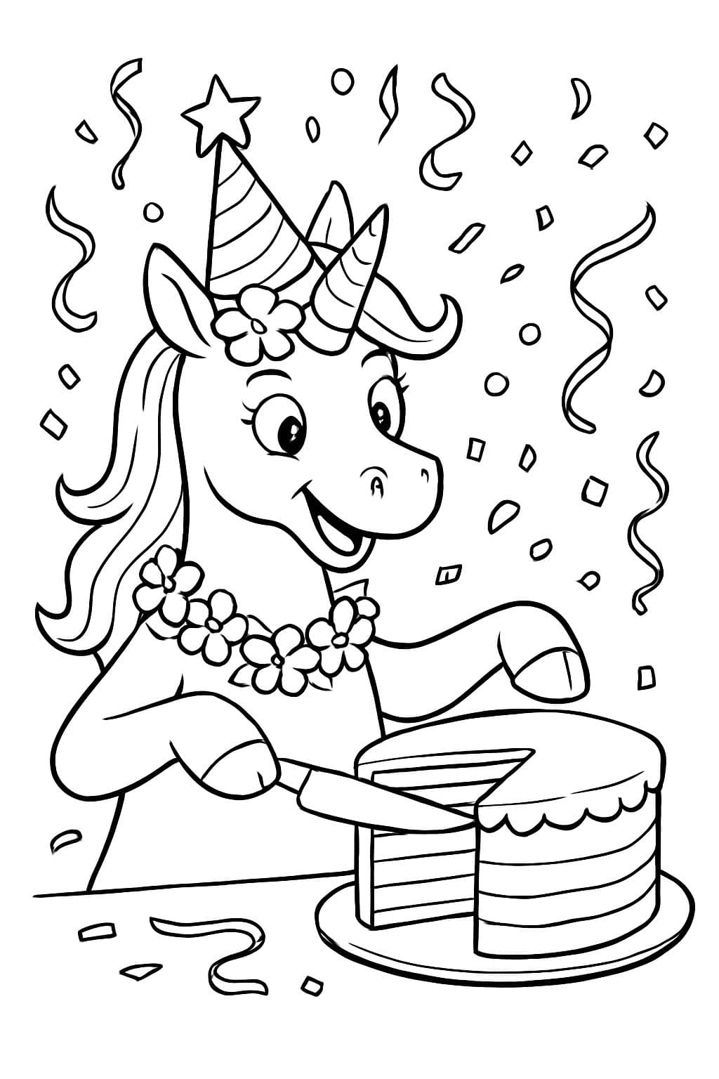 un unicornio completo que lleva una corona de flores celebrando un cumpleaños cortando un pastel arcoíris y lanzando confeti