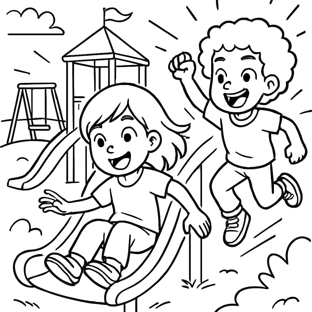 Enfants jouant dans le parc avec des cheveux raides et bouclés.