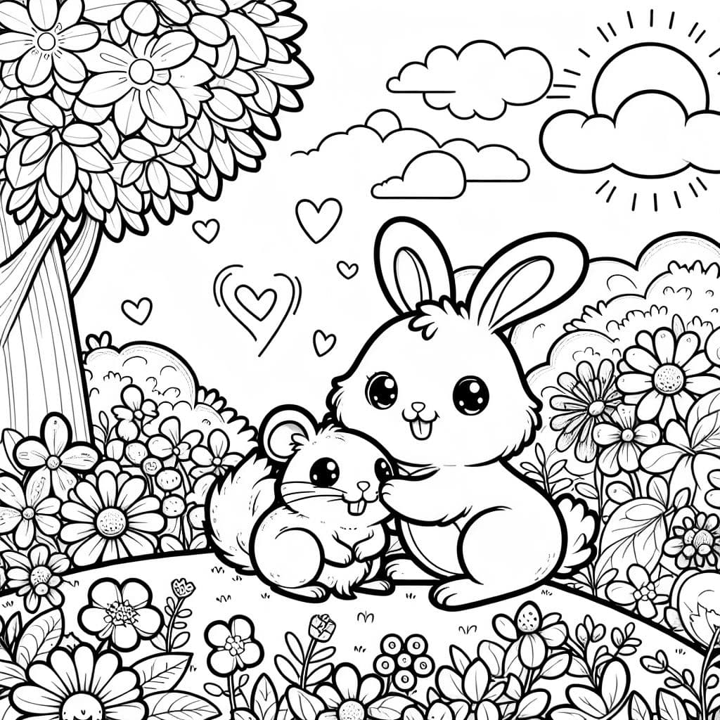 a bunny and a hamster playing together in the flowers