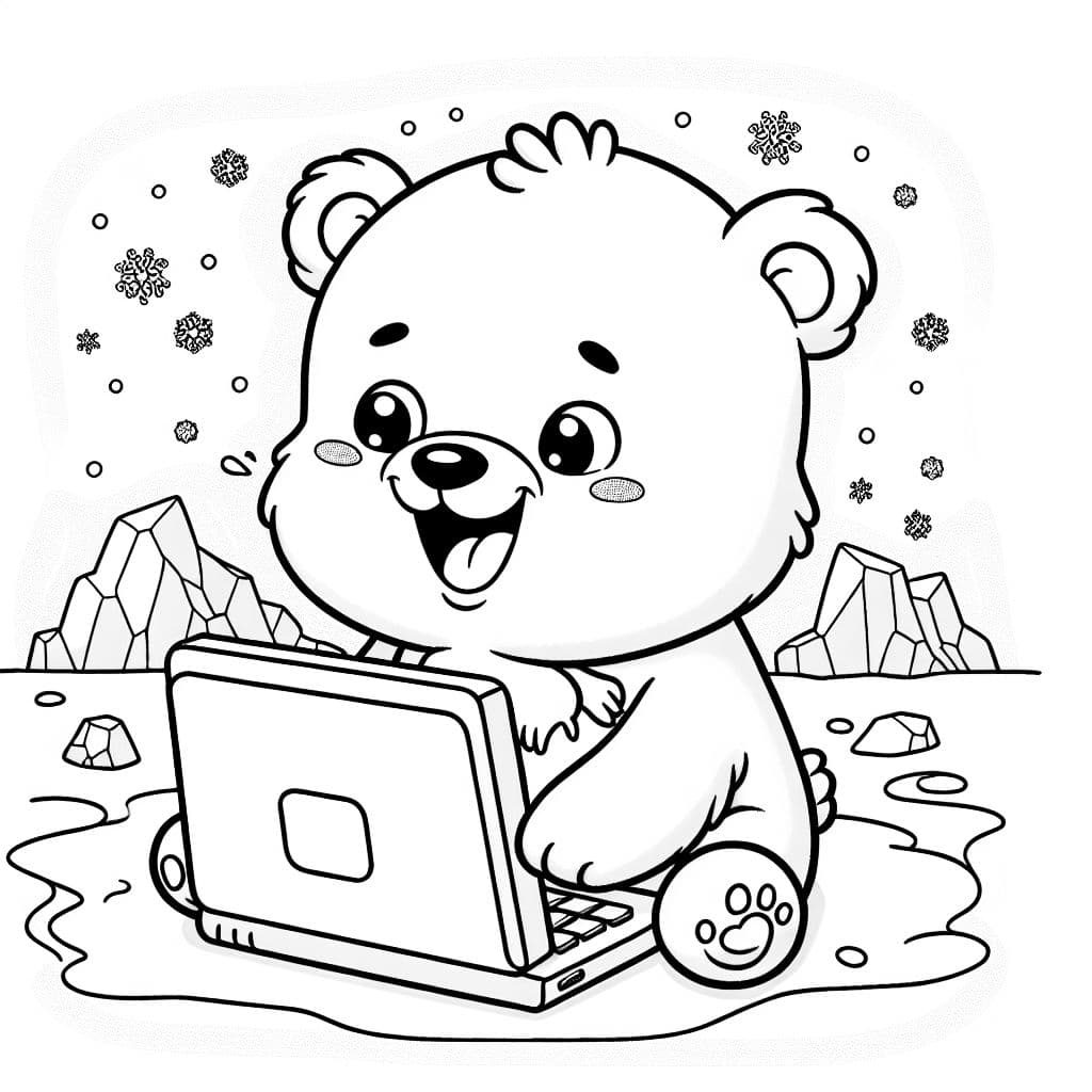Un bebé oso polar usando felizmente la computadora.