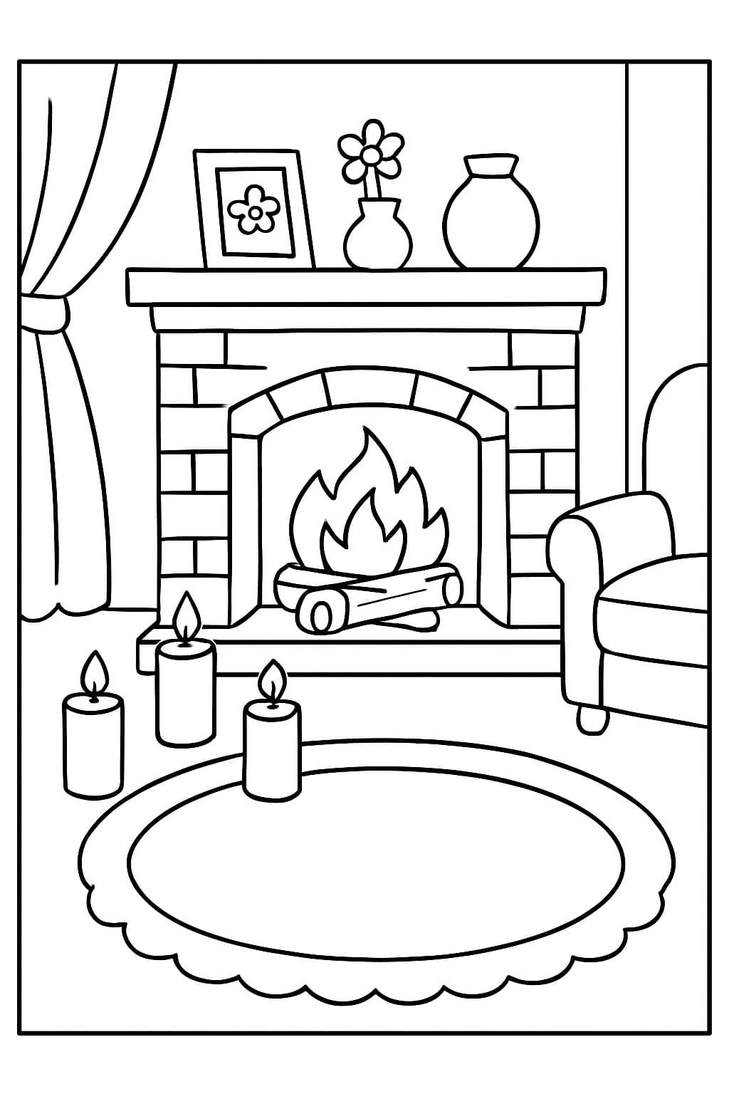im wohnzimmer steht ein kamin. vor dem kamin liegt ein teppich. vor dem kamin stehen 4 kerzen. es sind keine personen auf dem bild.