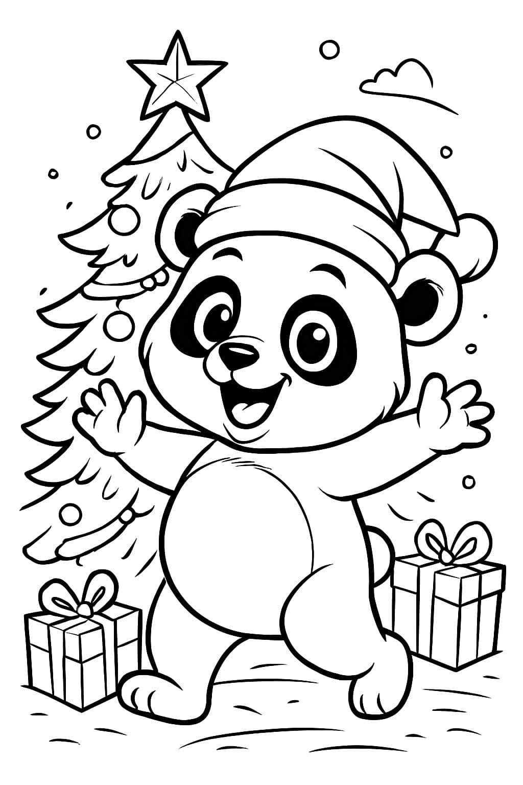 dicker Pandebär mit Weihnachtsmütze vor einem Weihnachtsbaum