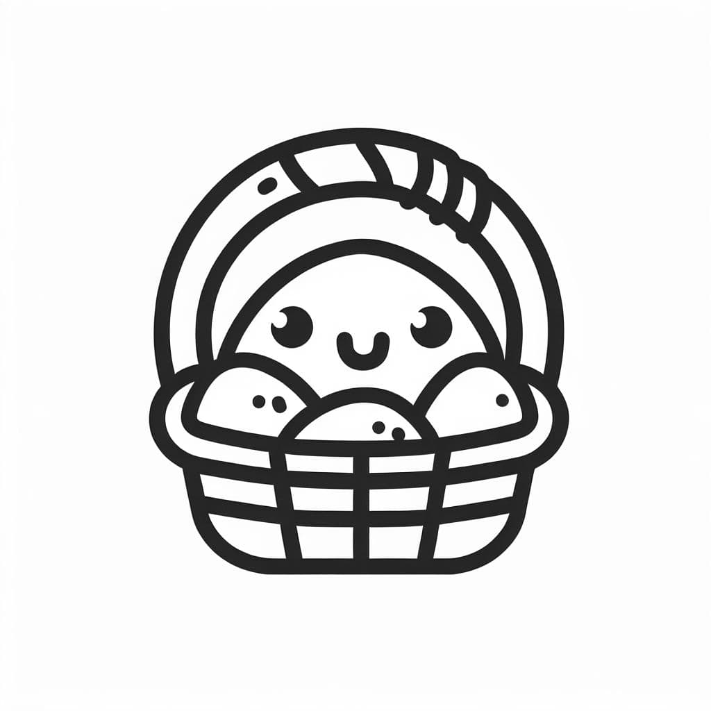 Panier avec deux yeux et une bouche souriante et des œufs dans le panier