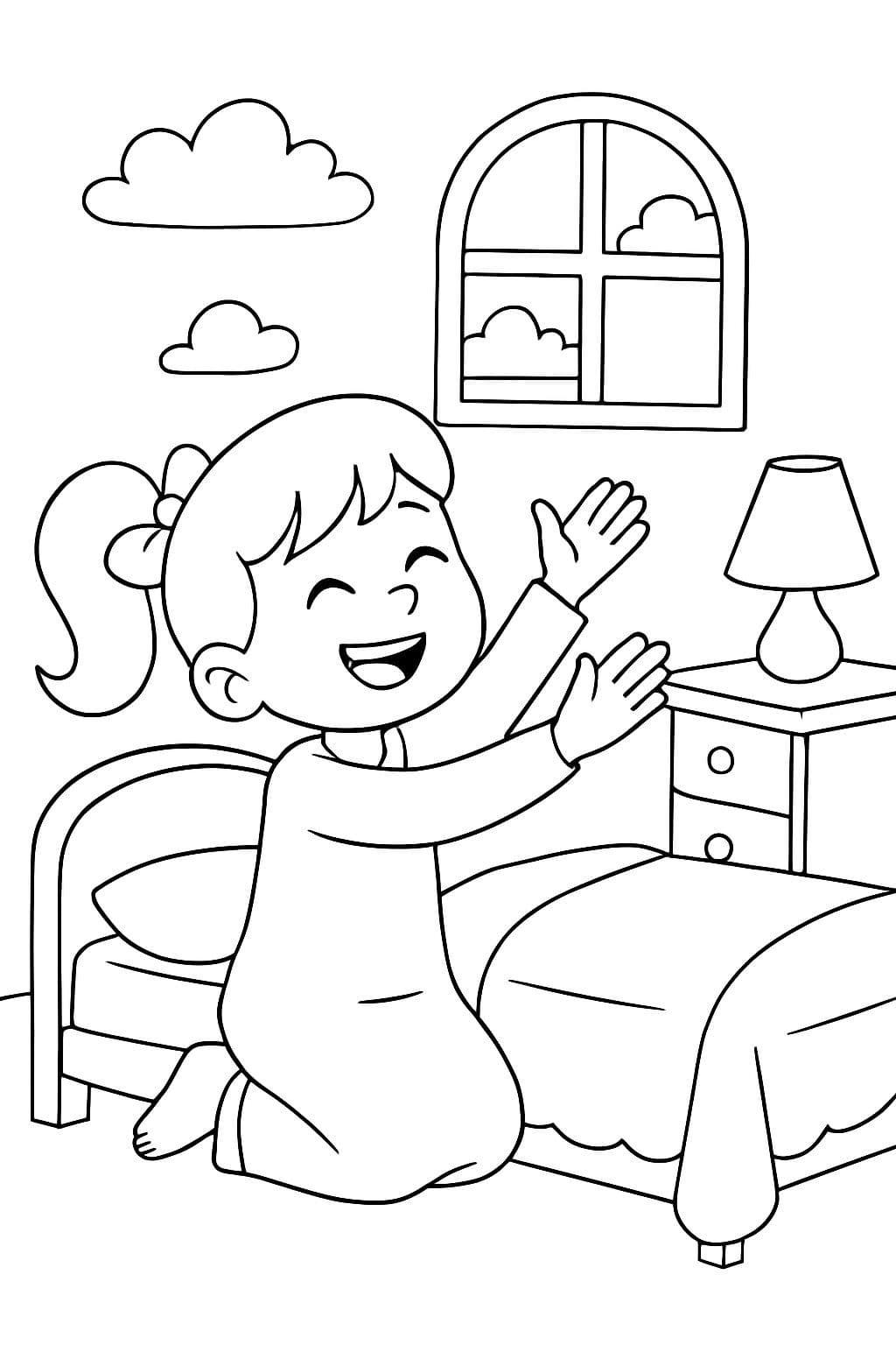 Niña orando al lado de su cama con las manos al cielo