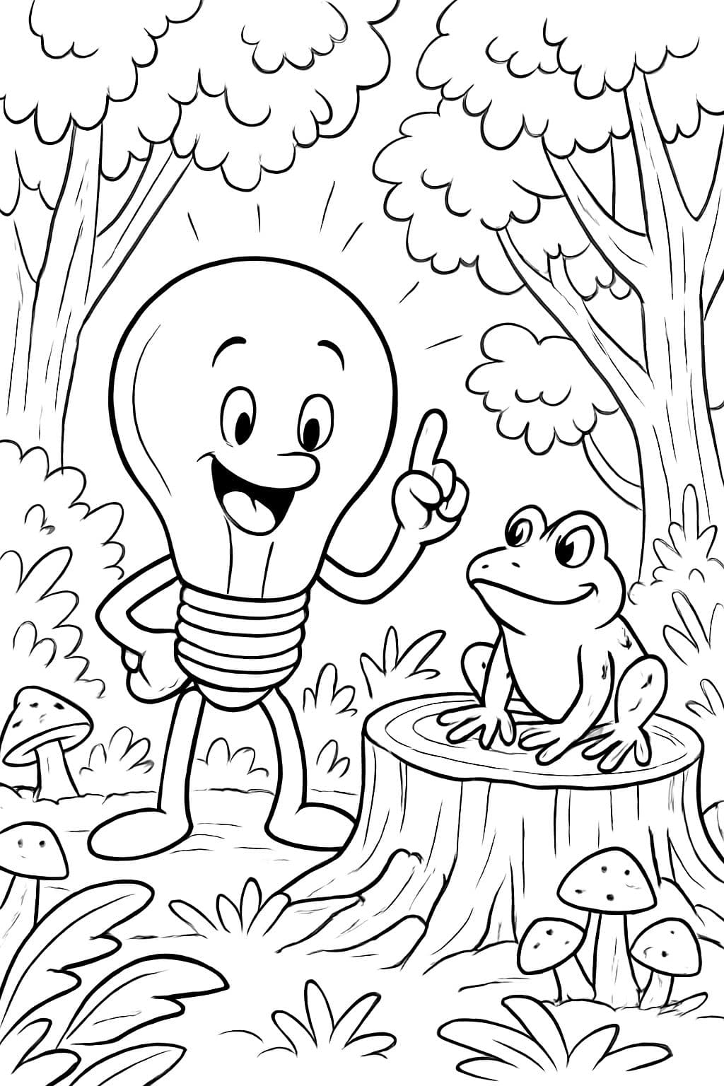 A light bulb standing in the forest, featuring a frog on a tree stump surrounded by mushrooms and plants