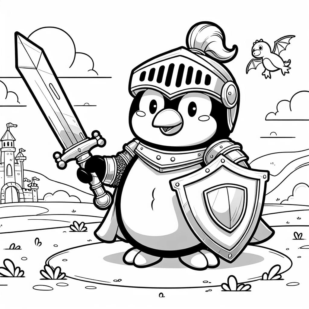 ein Pinguin in Ritterrüstung mit Schwert und Schild