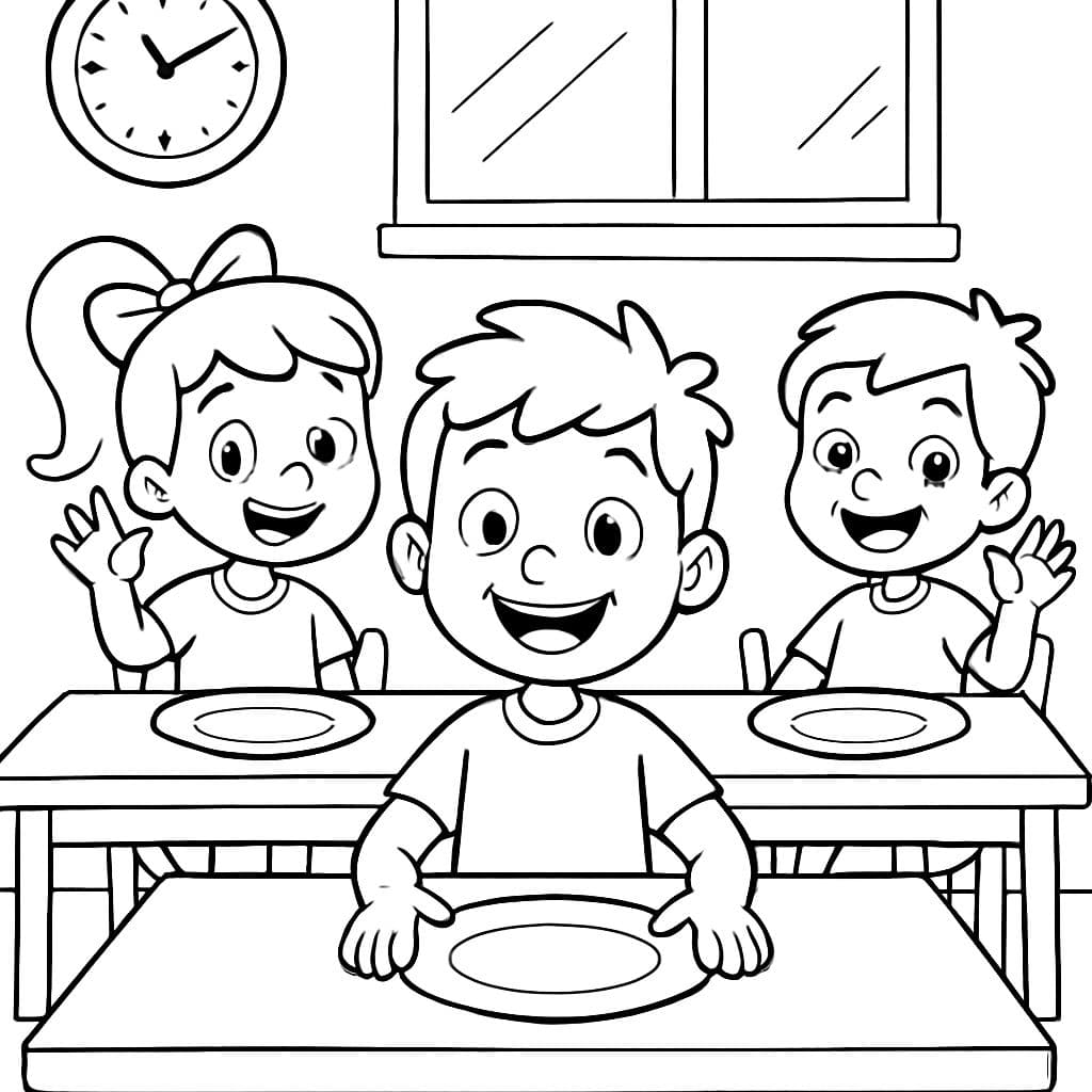 Enfants assis à la table de la cantine scolaire attendant la nourriture