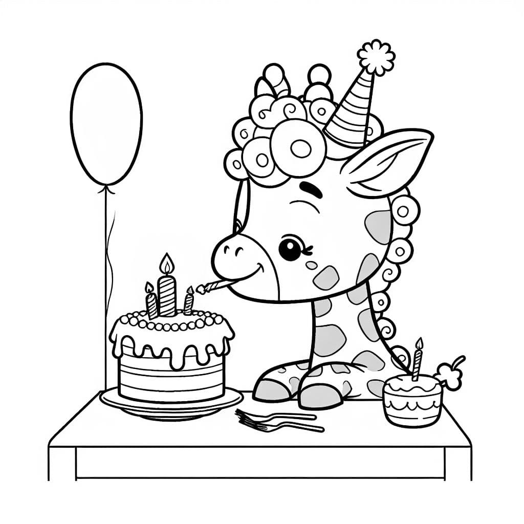 Una jirafa con pelo rizado comiendo pastel de cumpleaños.
