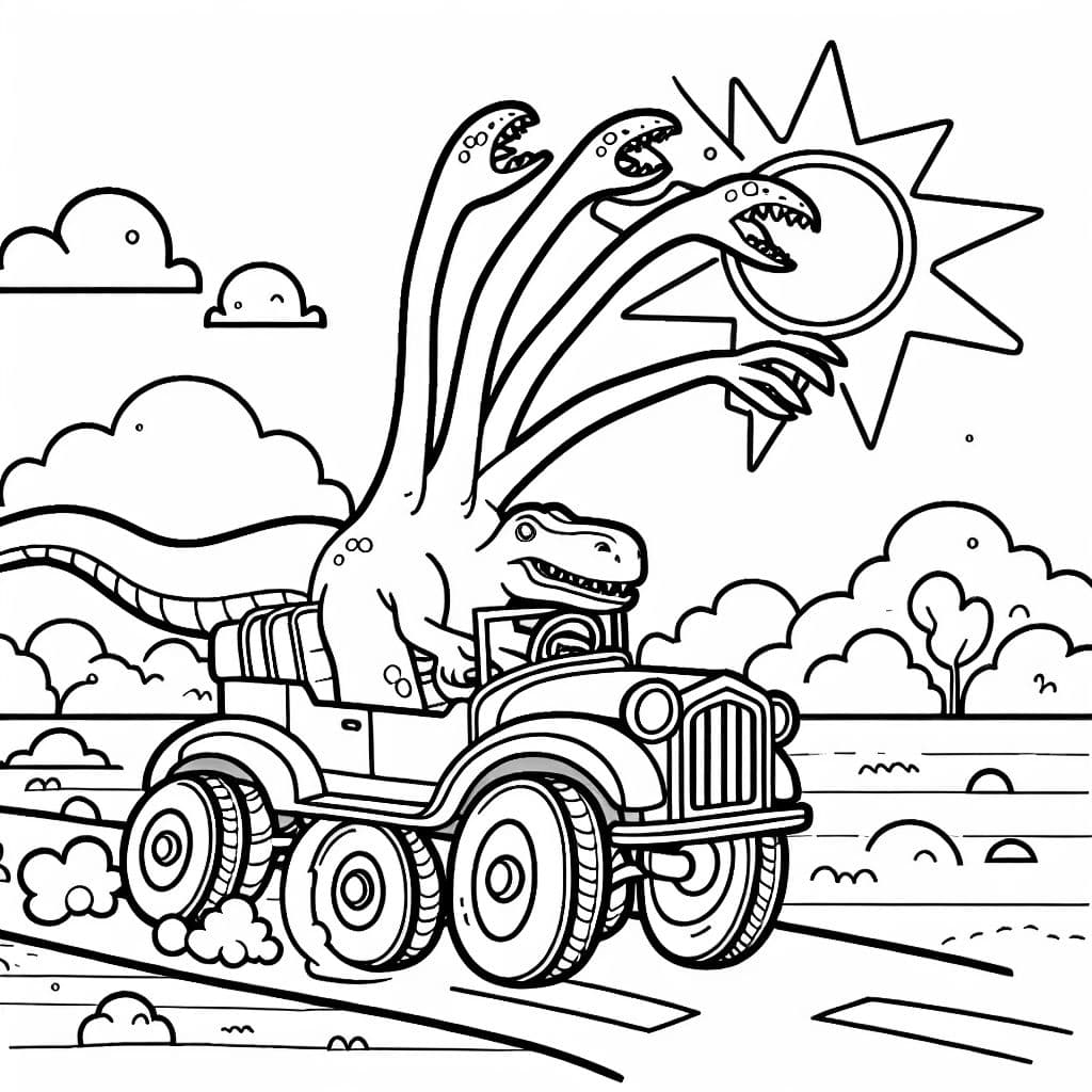 einen Dino, der in einem Auto mit sieben Beinen fährt