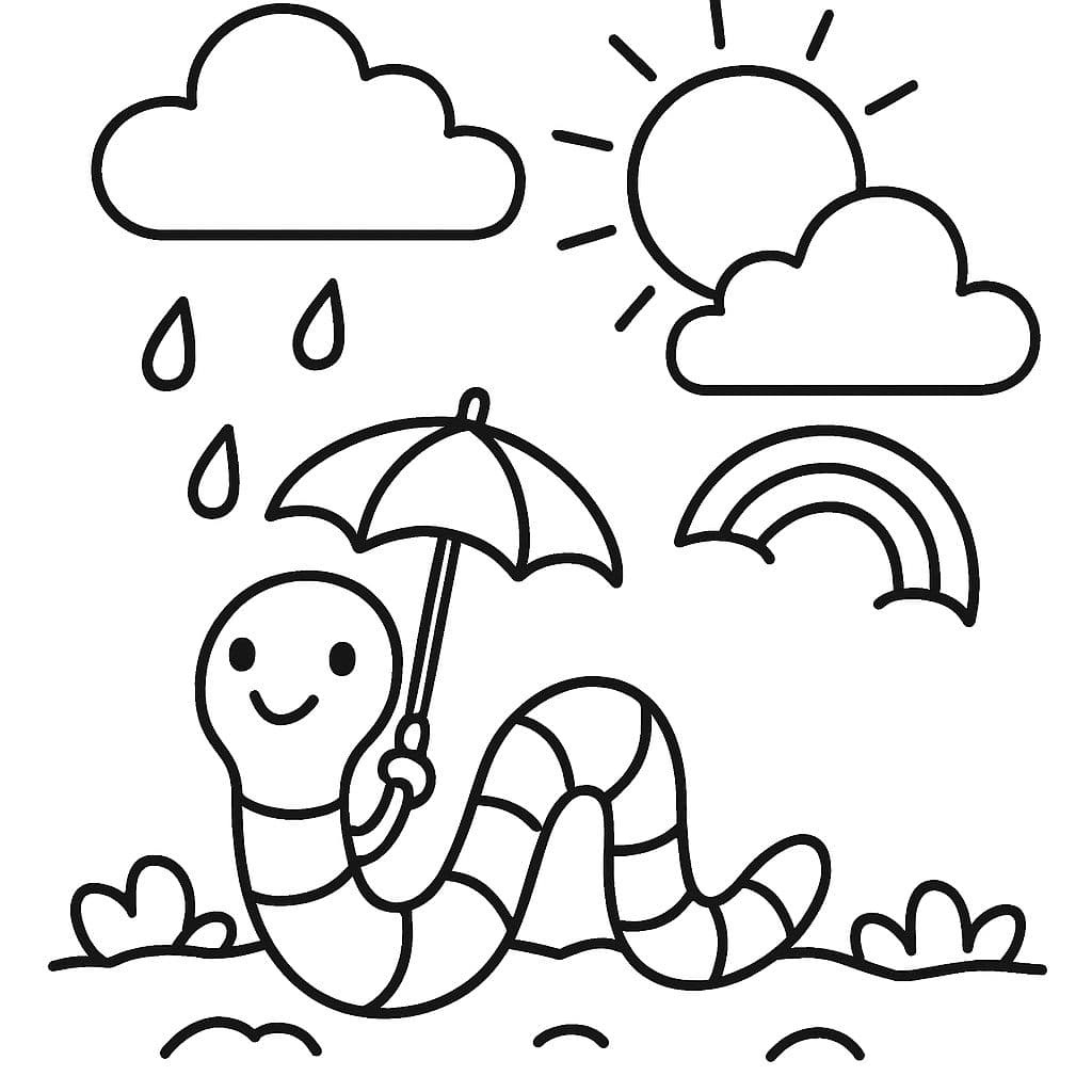 A worm peeking out of the ground, with a small umbrella and sun, a few drops and a small rainbow, 1 or 2 clouds, but the worm is the main theme.