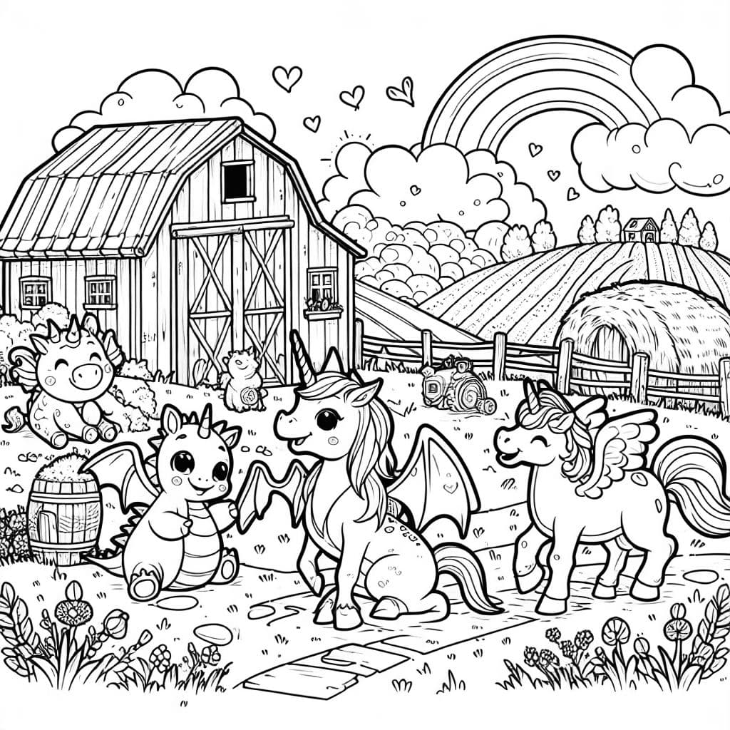 Dragones y unicornios están teniendo una aventura mágica en una granja.