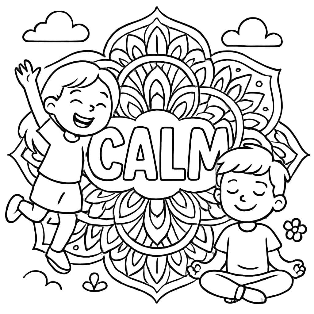 la palabra calma en una página para colorear mandala
