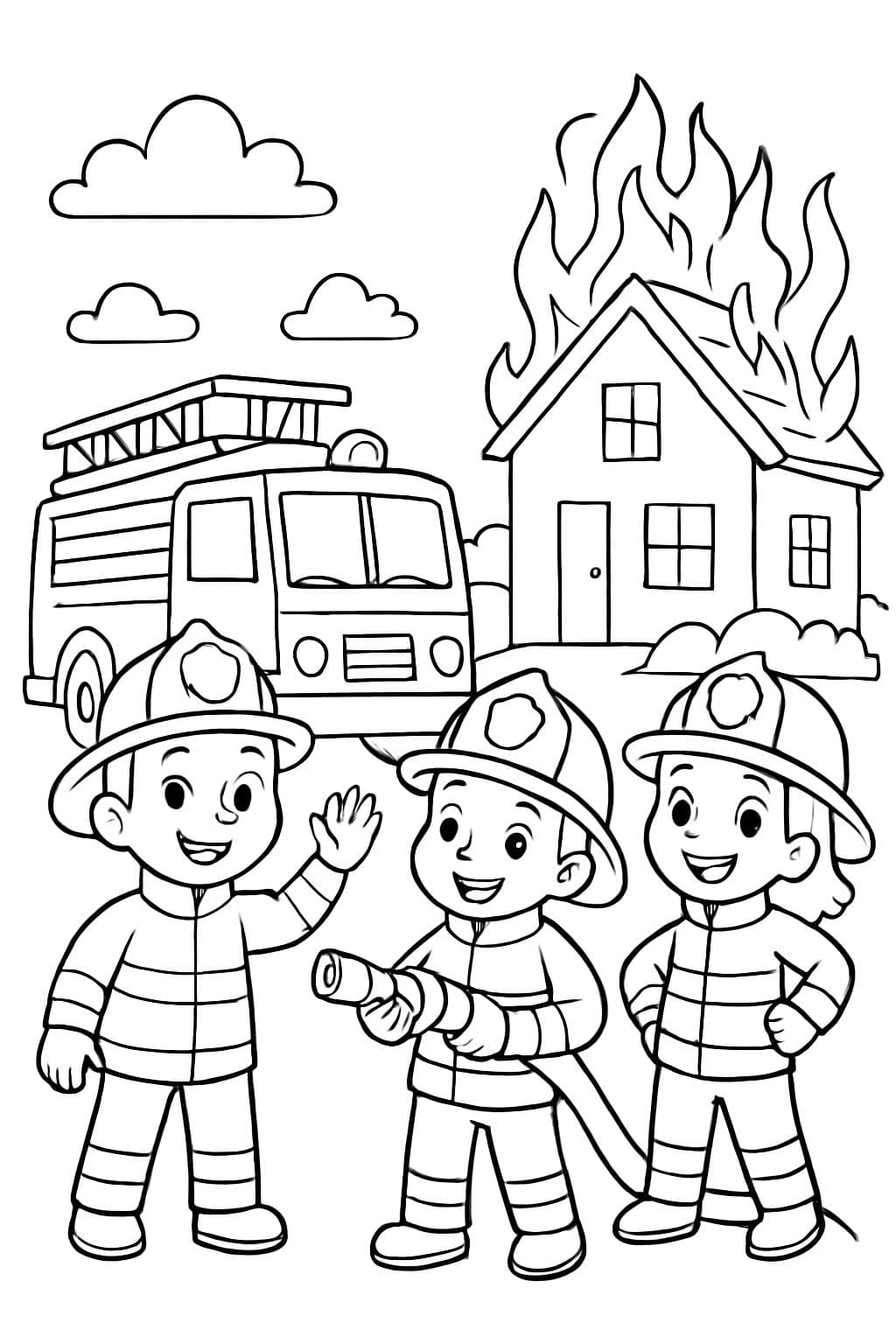 une équipe de pompiers devant un camion de pompiers et une maison en feu