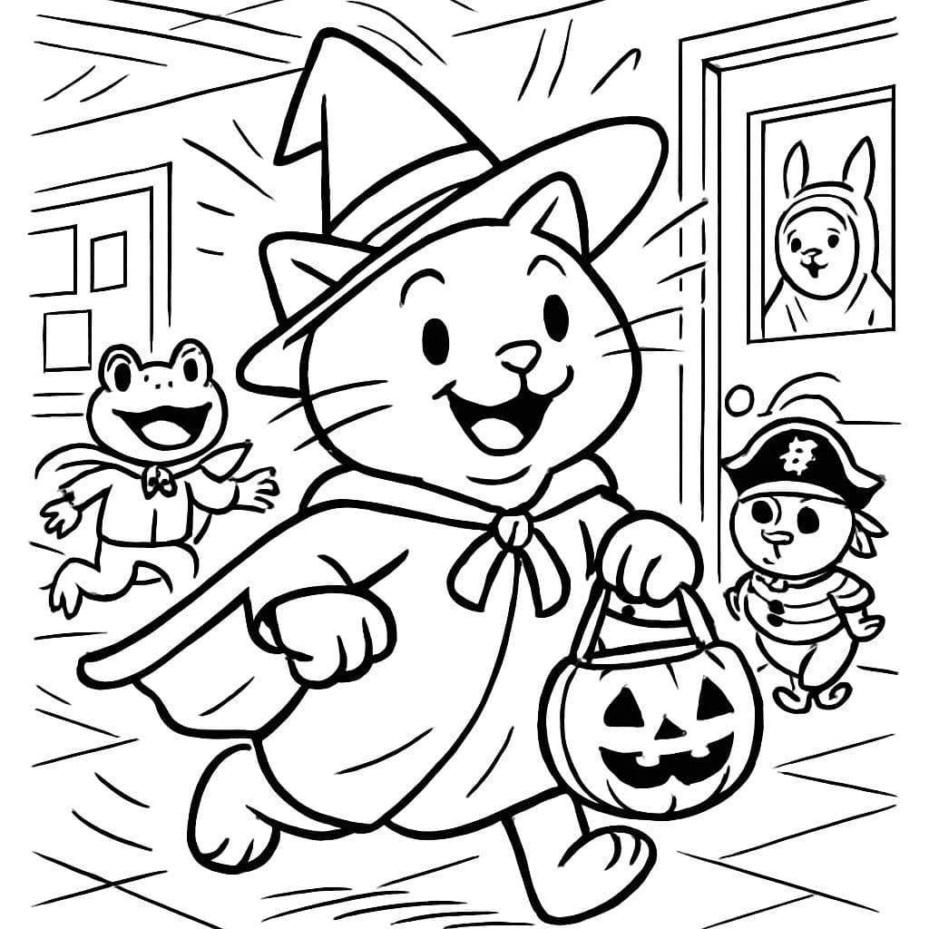 Animales felices y tranquilos disfrazados de Halloween en la escuela