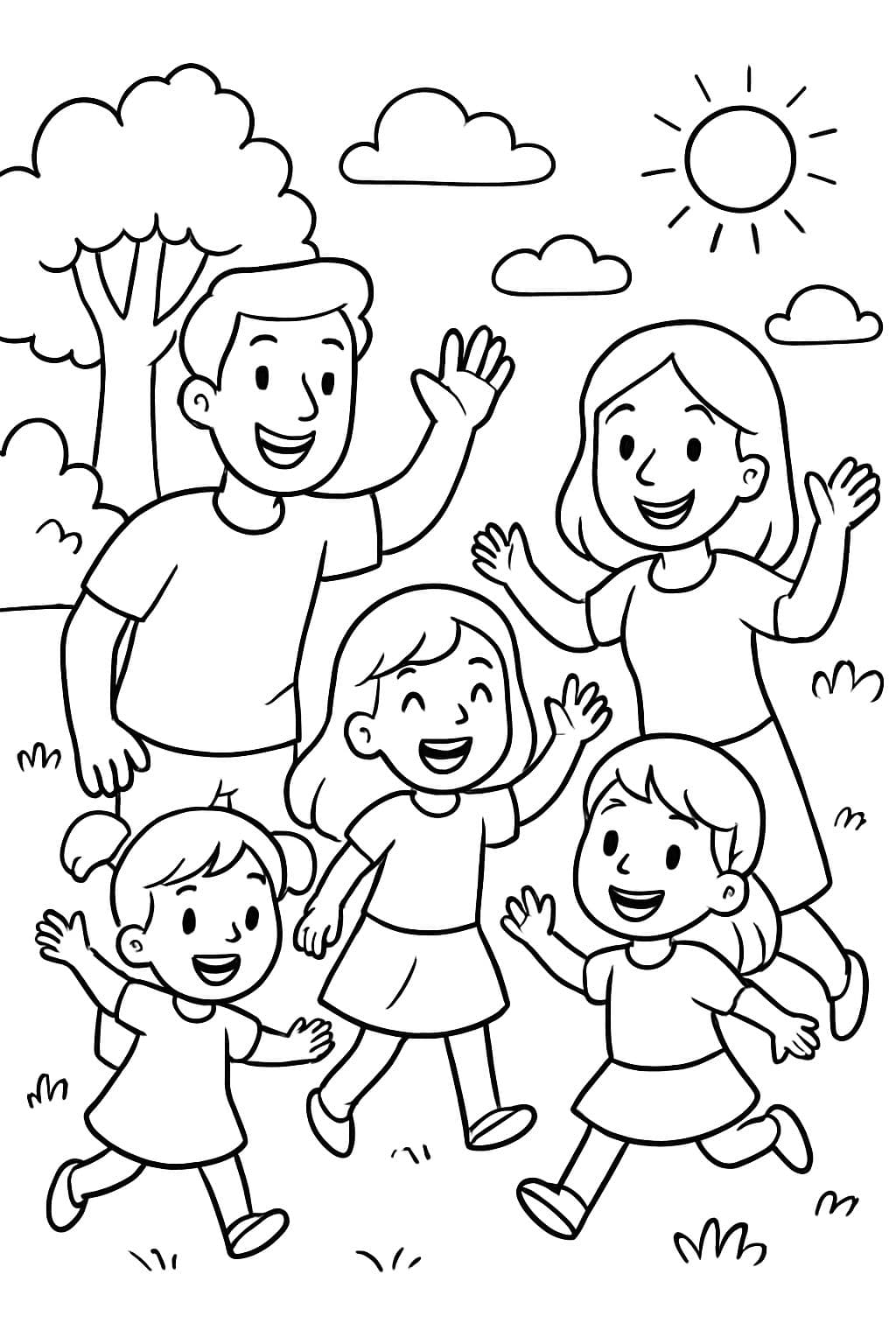 eine Familie mit 3 glücklichen Töchtern, die spielen