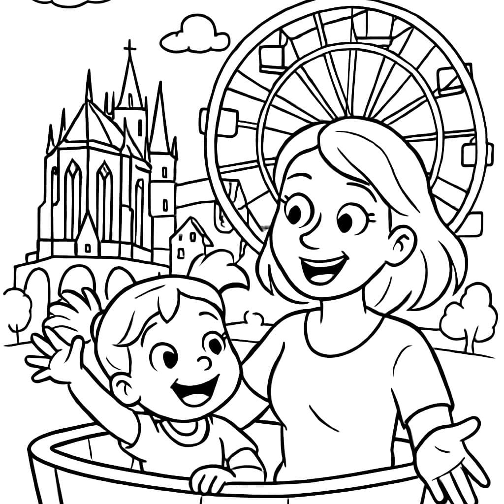 Crea una página para colorear con una mujer adulta y una niña de 4 años montando en una noria frente a la Catedral de Erfurt.