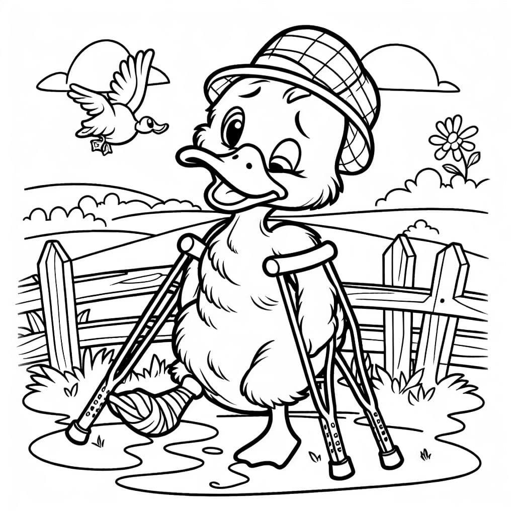 Un canard avec une jambe cassée et un aile cassée et des béquilles