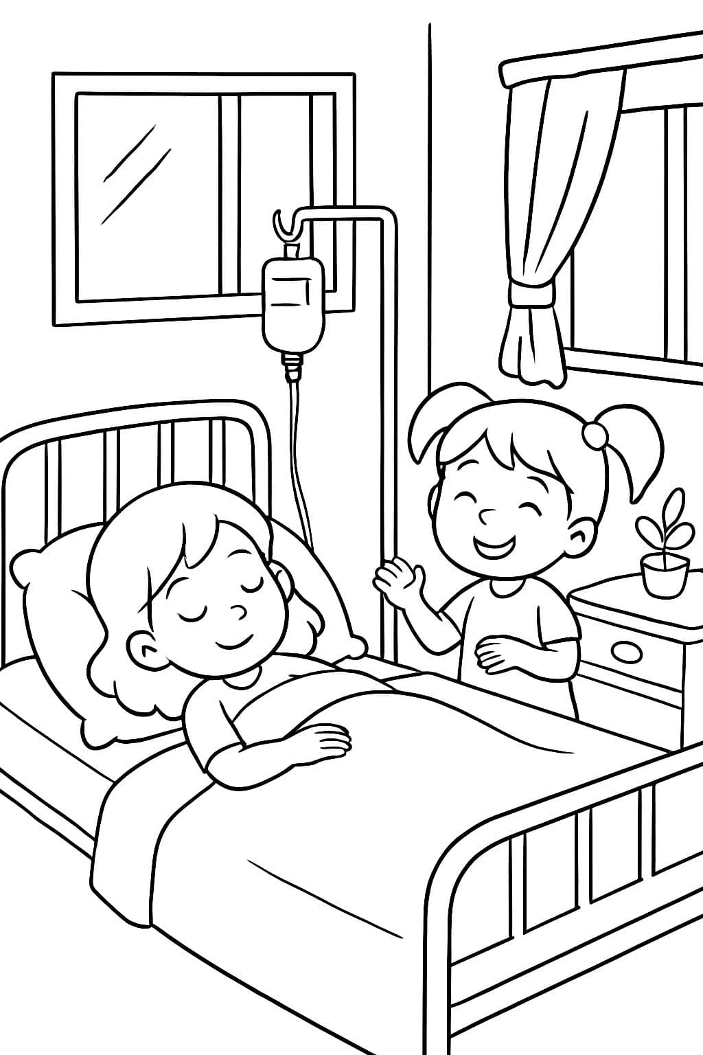 fille à l'hôpital, dormant avec une autre fille dans la chambre, deux lits