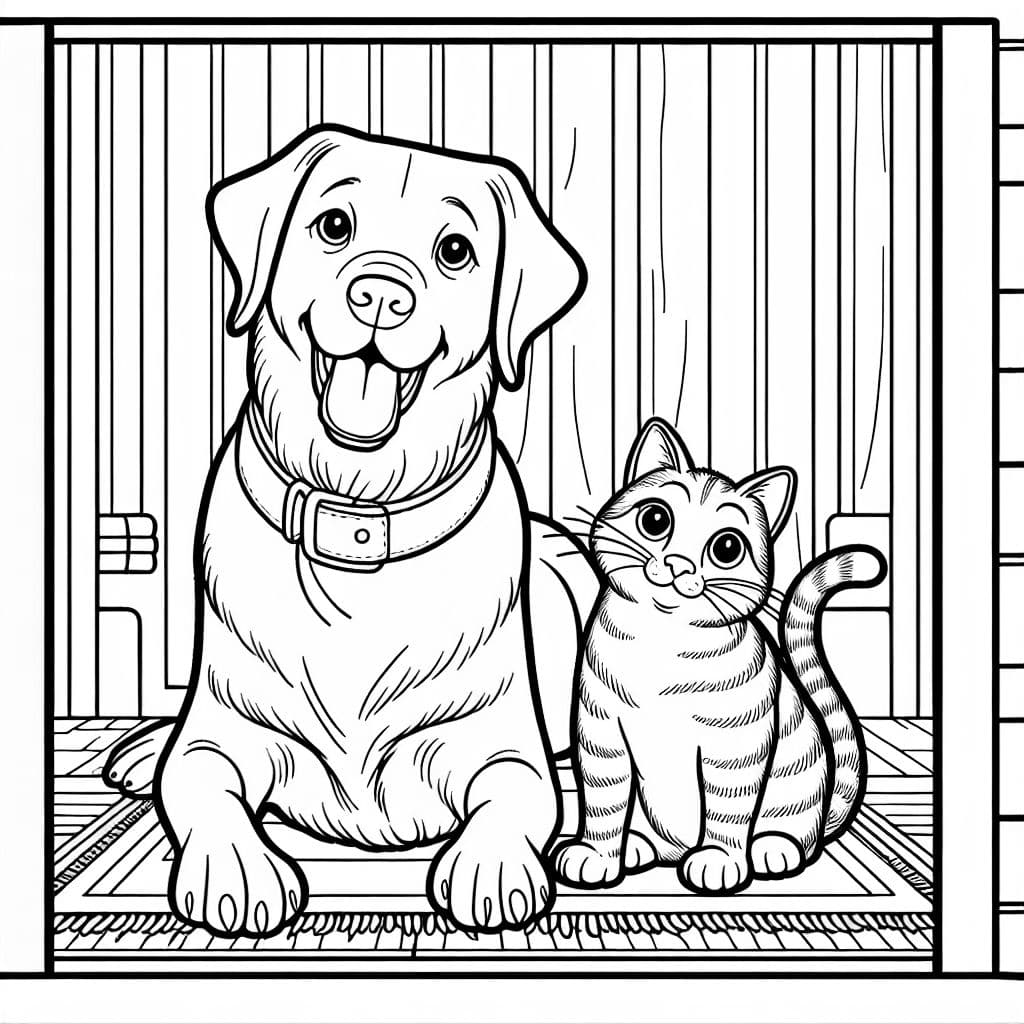 Un gato atigrado y un Labrador Retriever están representados juntos en una escena. Esta ilustración ofrece a los niños la oportunidad de expresar su creatividad a través de la coloración.