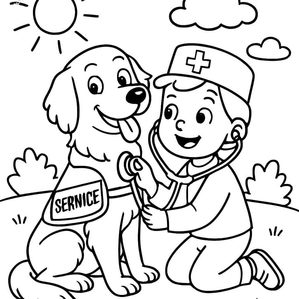 Un golden retriever en gilet de service laissant un enfant jouer au docteur.