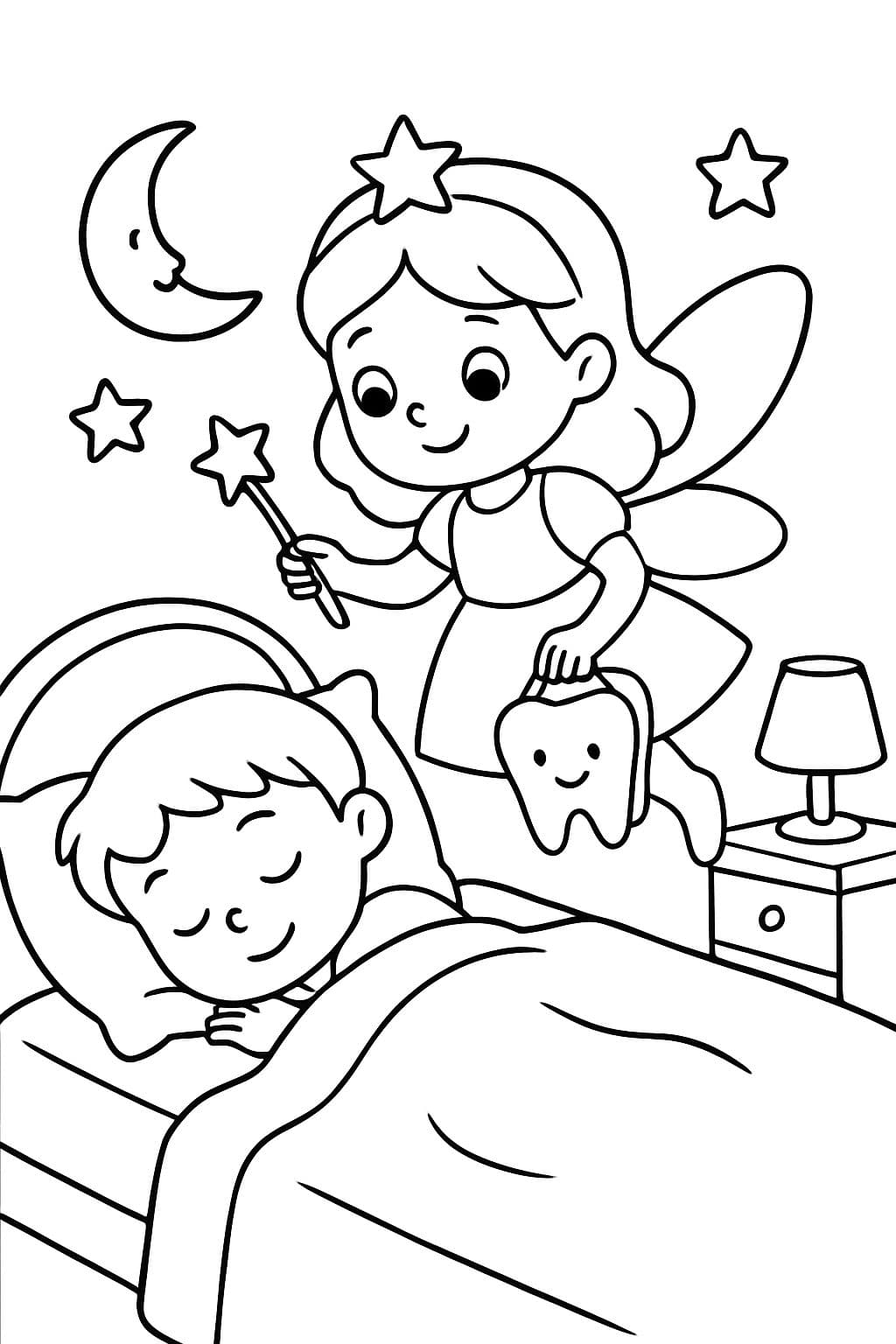 Tooth fairy coming to collect a tooth under the pillow while the child sleeps.