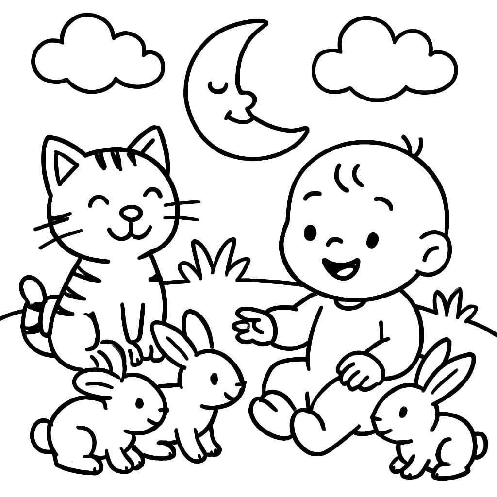Un chat tabby heureux, trois lapins amicaux et un bébé jouant sous la lune.