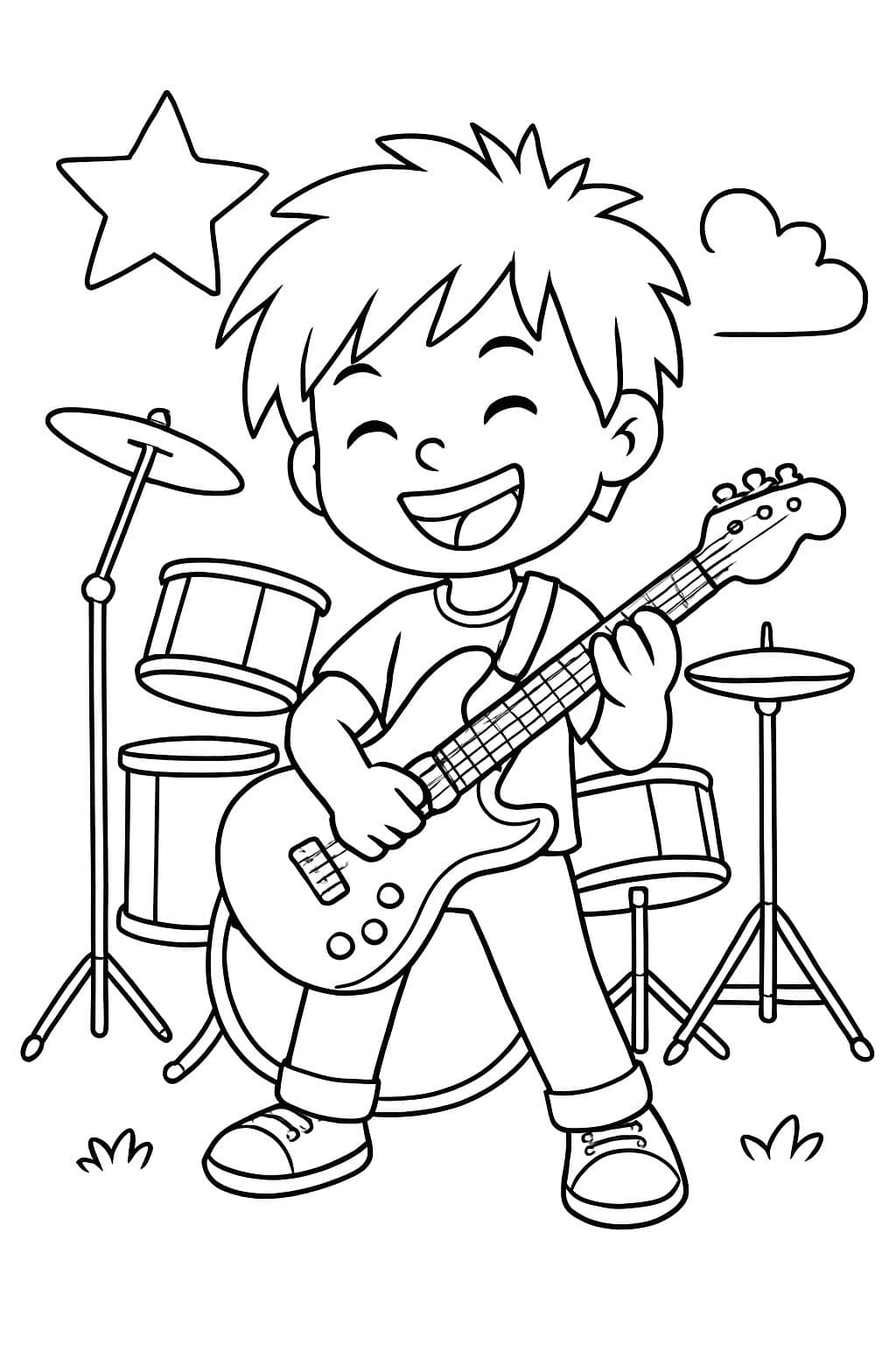 Músico de rock con guitarra eléctrica y batería