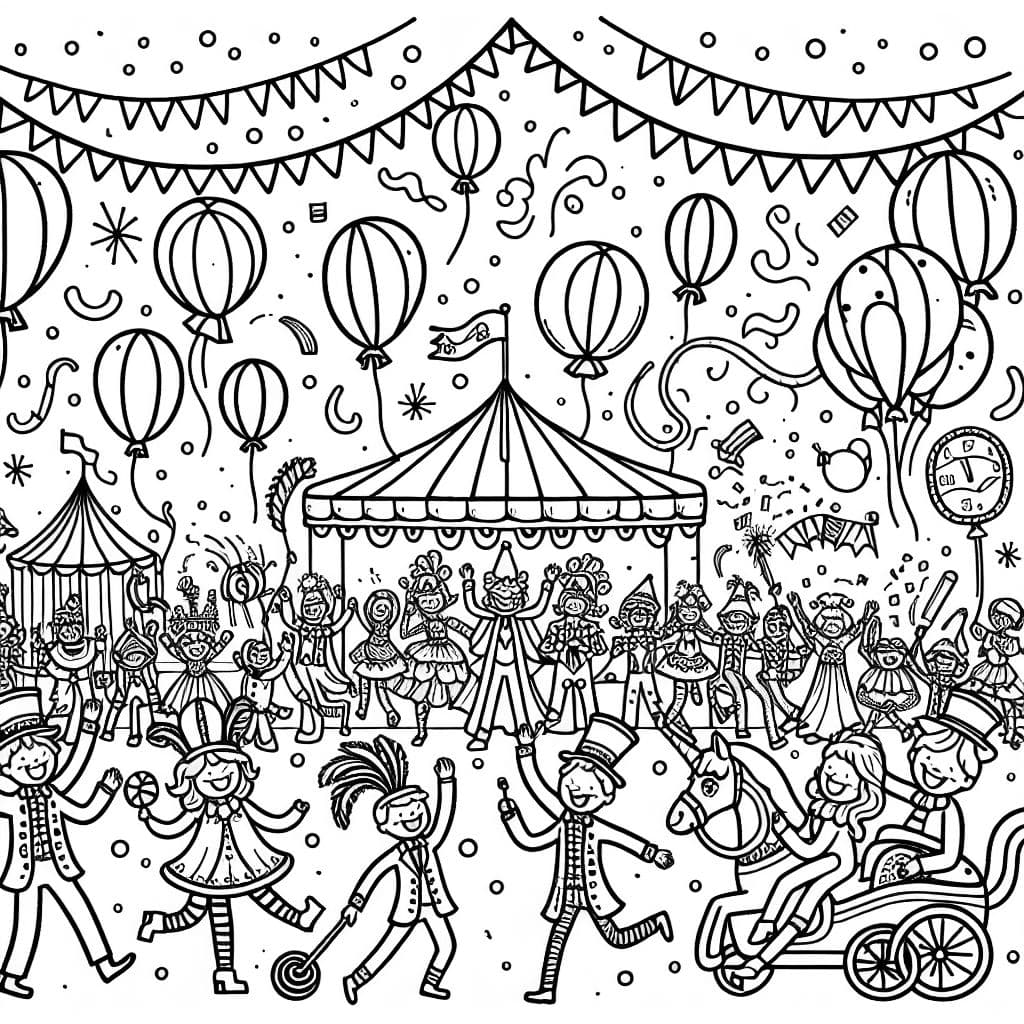 Karneval ist eine fröhliche Feier mit bunten Kostümen, Masken und Umzügen. Es ist eine Zeit für Spaß, Freude und Kreativität, ideal zum Ausmalen.